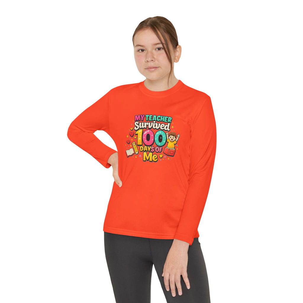 Kids Long Sleeve Tee — “My Teacher Survived 100 Days of Me” Colorful Celebration Shirt
