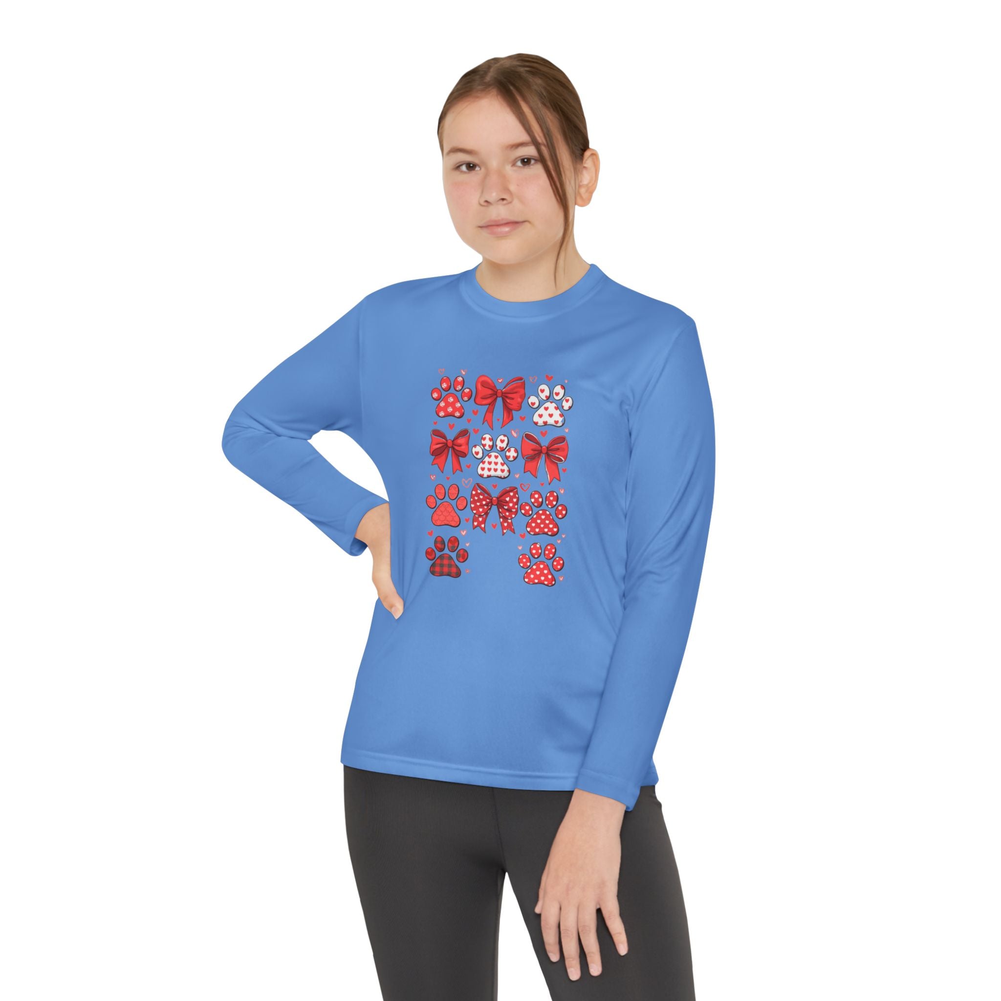 Youth Long Sleeve Tee - Red Paw & Bow Valentine Animal Print