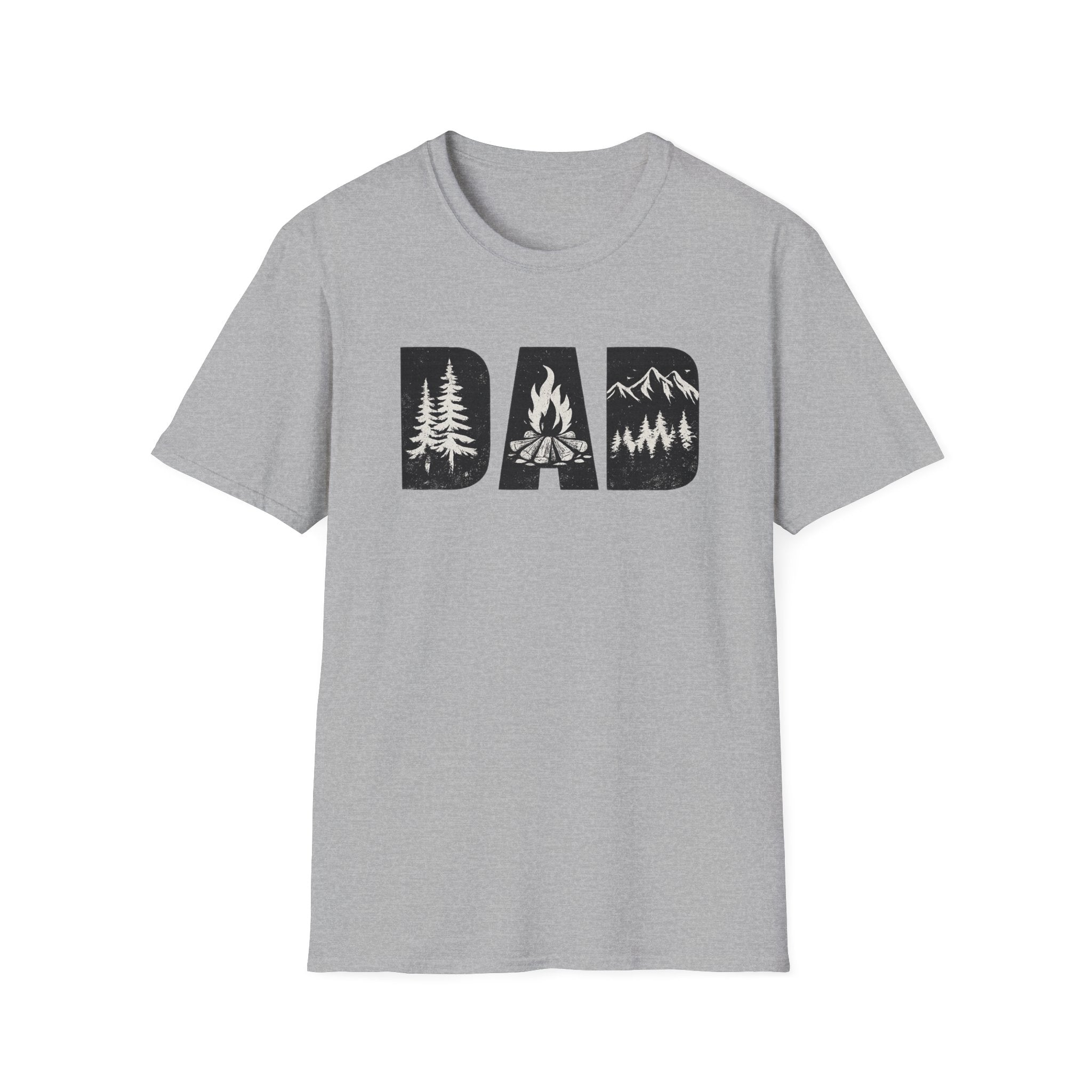 Dad Camping T-Shirt — Rustic Outdoors Father’s Day Shirt (DAD with Trees, Campfire & Mountains)