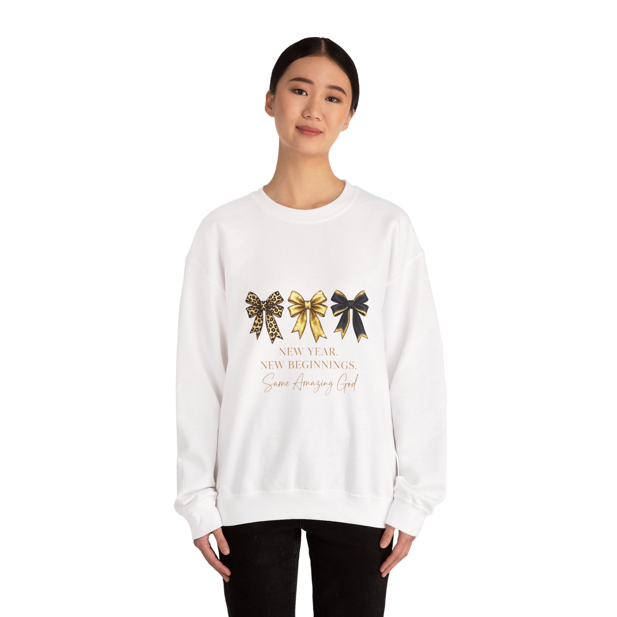 New Year Bows Crewneck Sweatshirt — “New Year New Beginnings” Glitter Bow Design