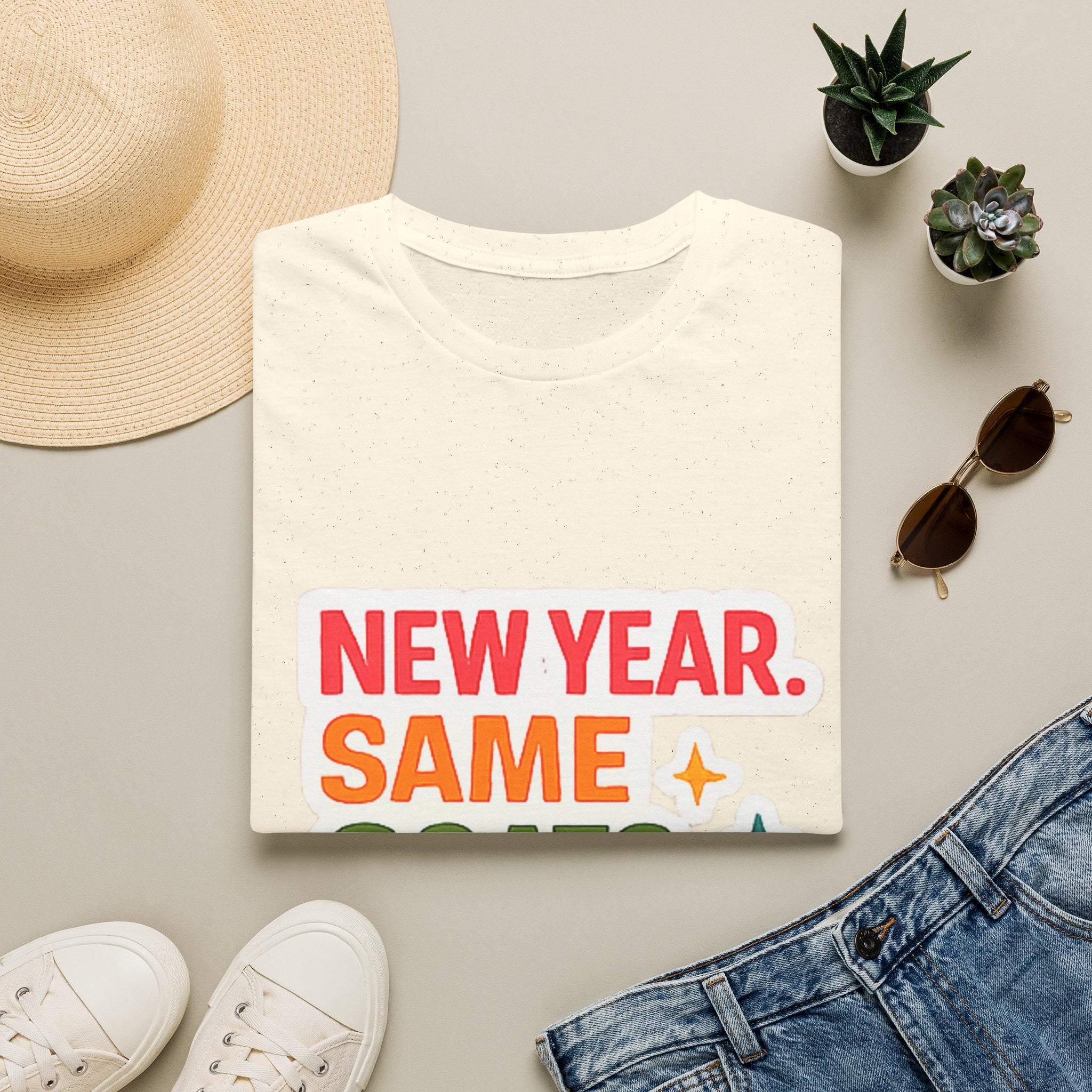 T‑Shirt — "New Year. Same Goats. No Cap." Colorful Graphic Tee for Goat Lovers & Funny New Year Celebrations