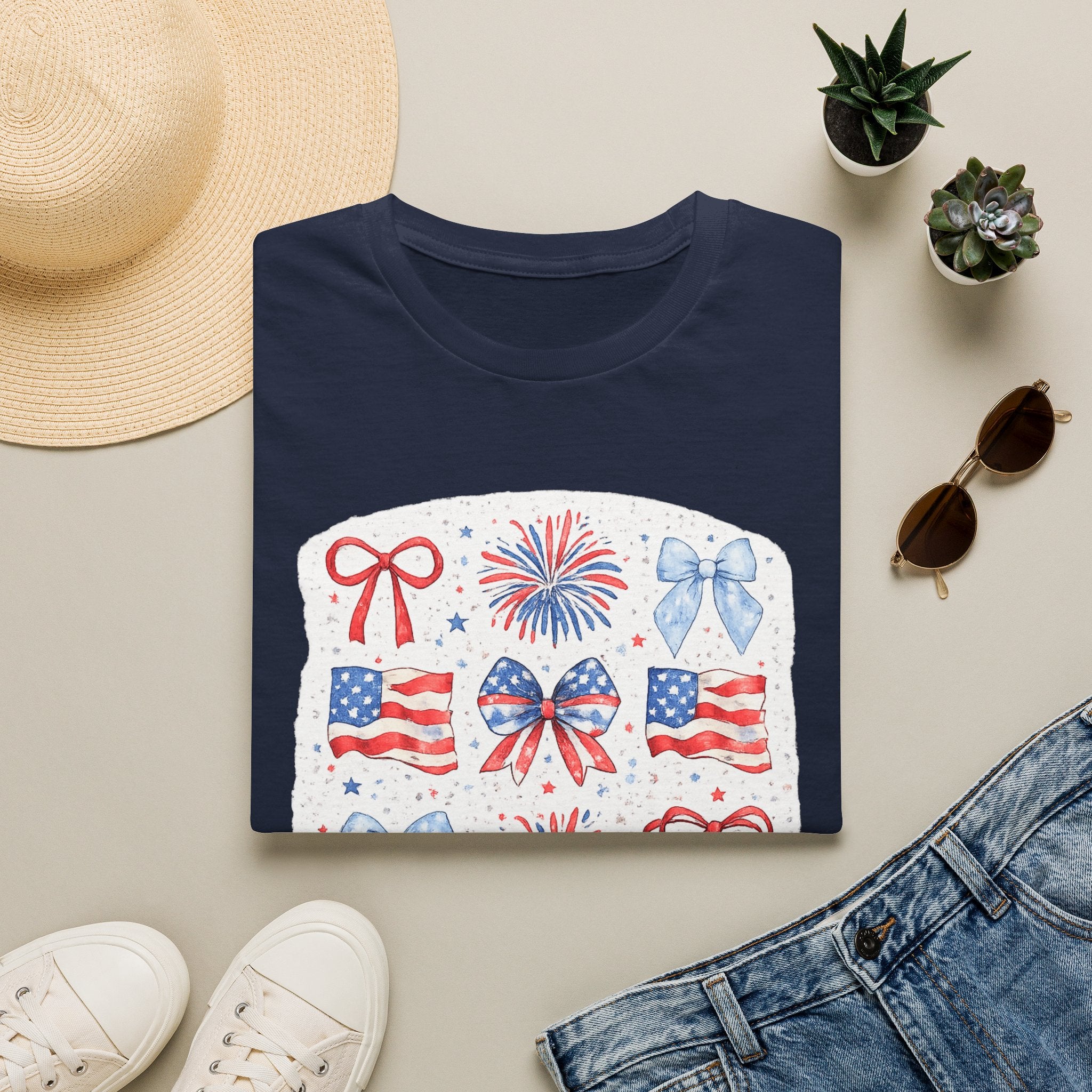 Patriotic 4th of July T-Shirt — USA Flag Bows & Fireworks Design