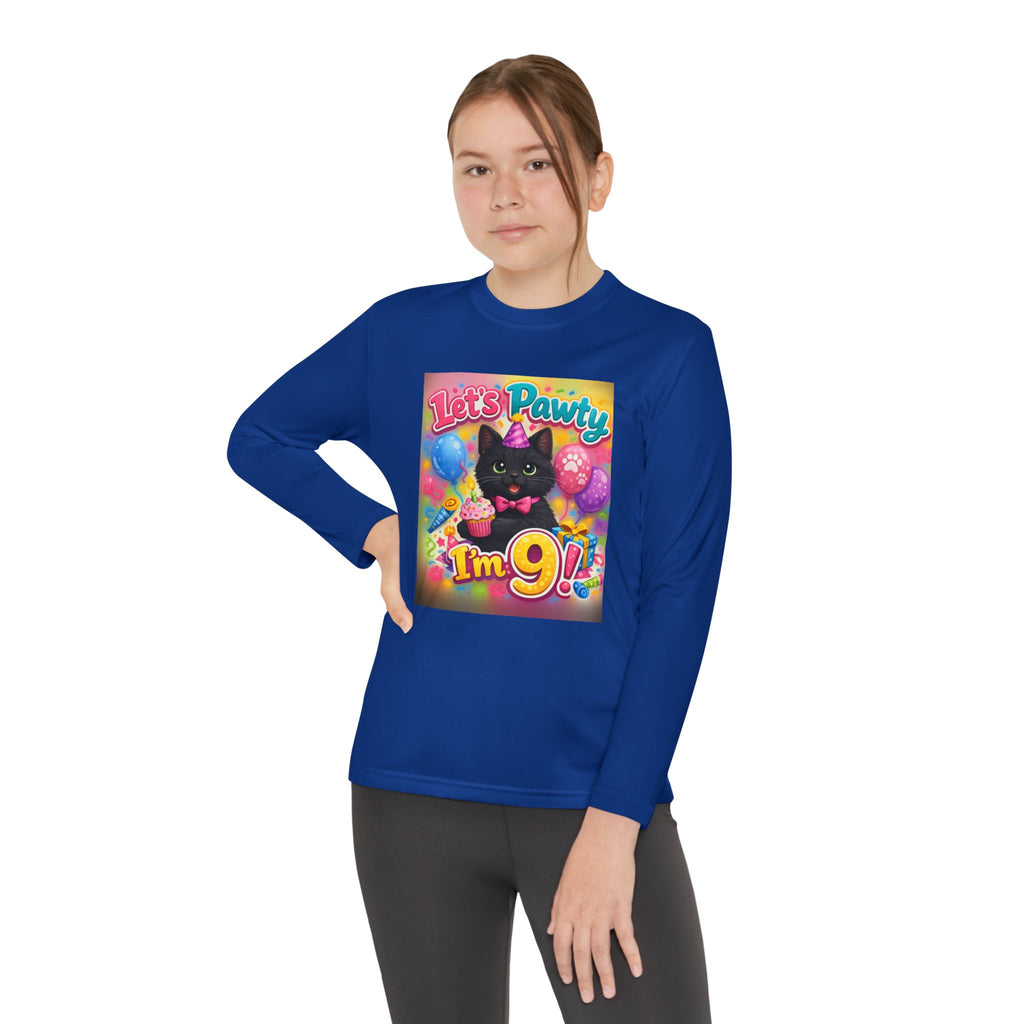 Kids' 9th Birthday Long Sleeve Tee — "Let's Pawty I'm 9!" Cat Birthday Shirt