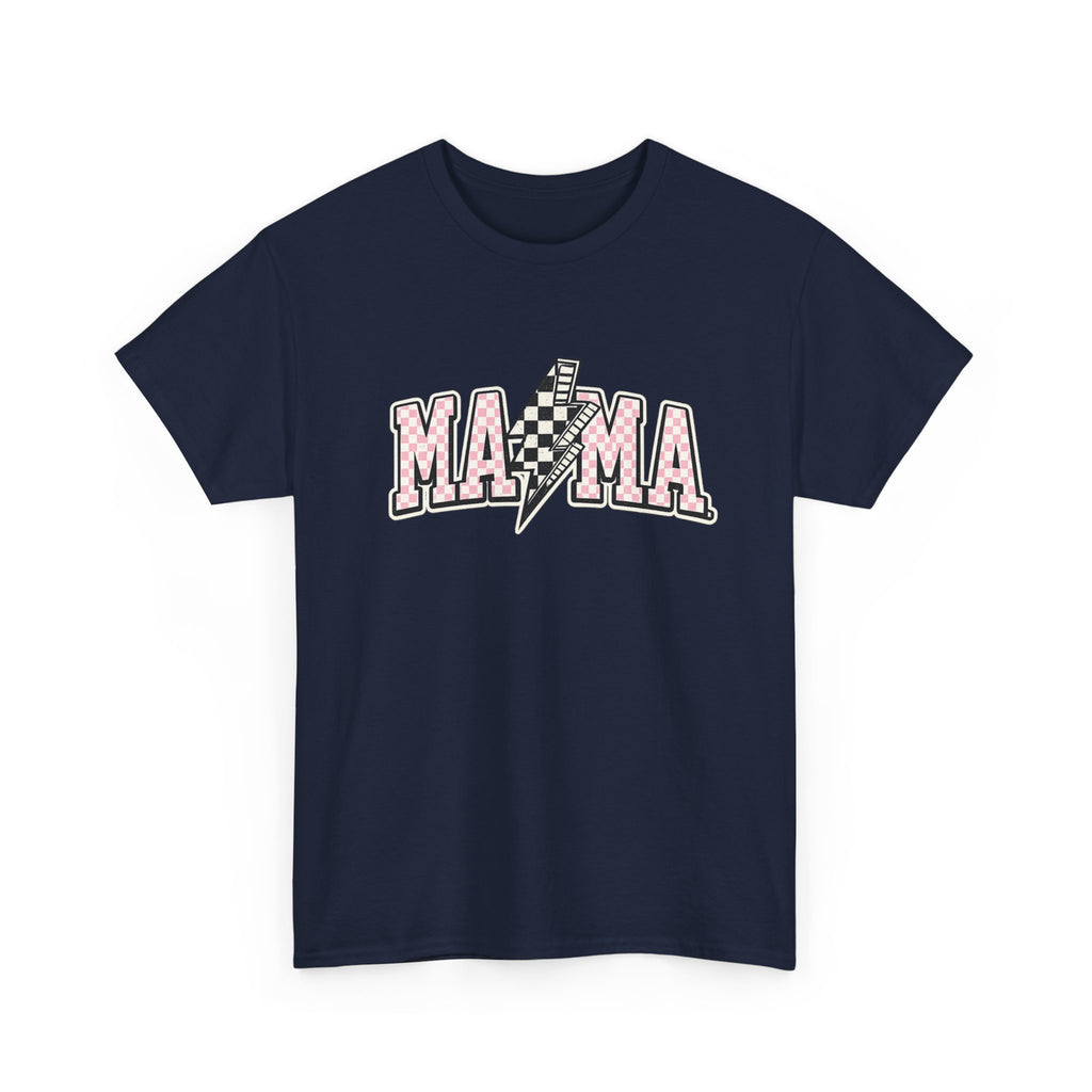 Mama Lightning Bolt Graphic Tee — Pink Checkered "MAMA" Shirt