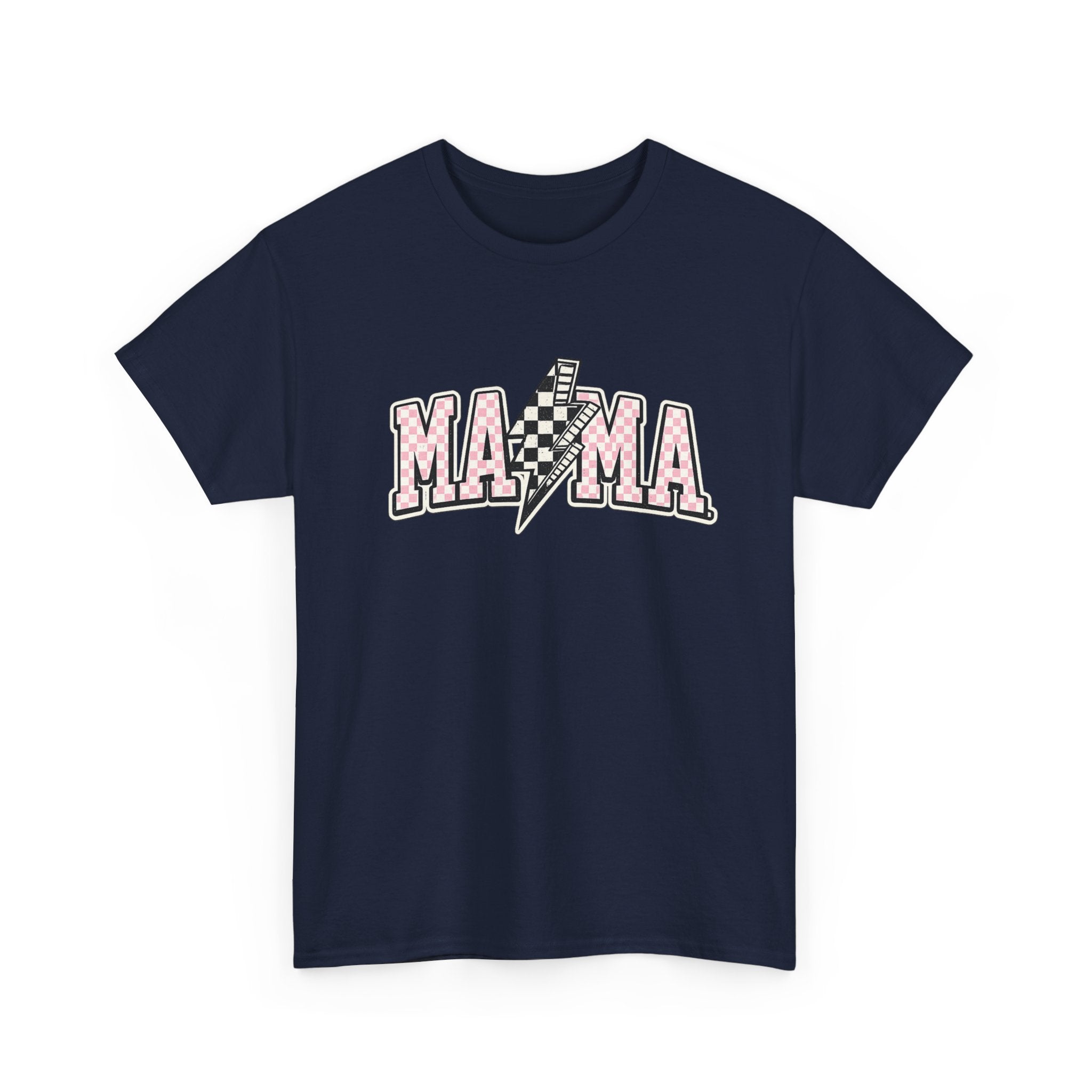 Mama Lightning Bolt Graphic Tee — Pink Checkered "MAMA" Shirt