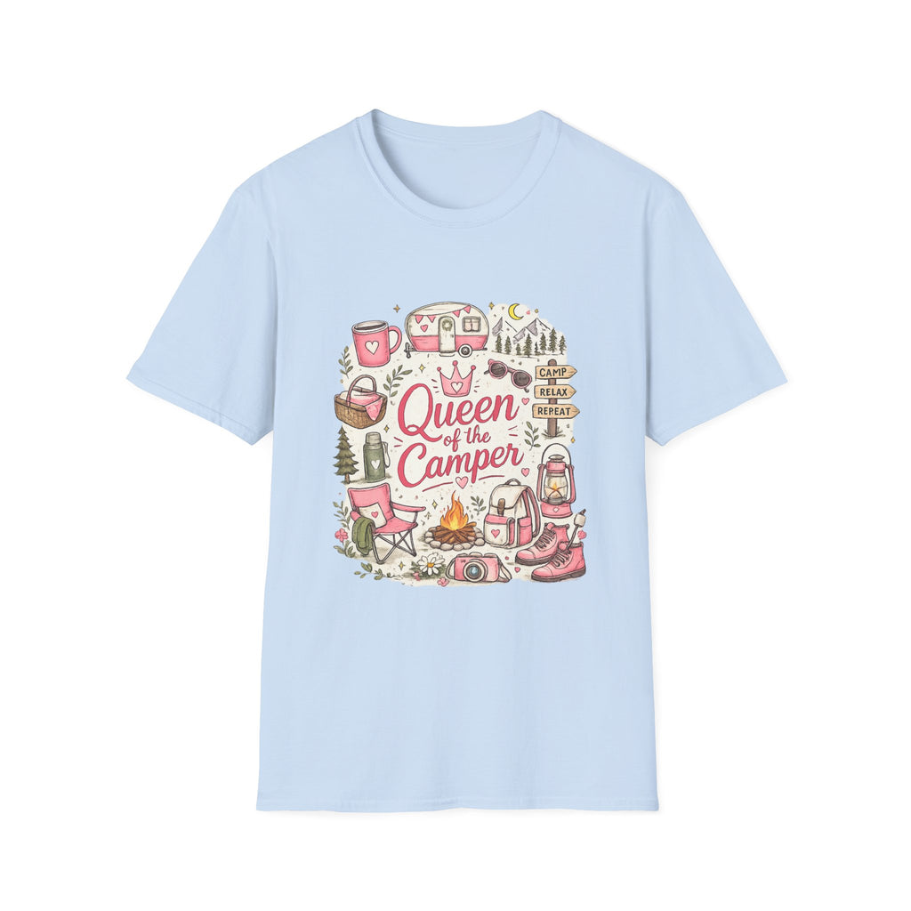 Queen of the Camper T-Shirt — Cute Pink Camping RV Graphic Tee for Women