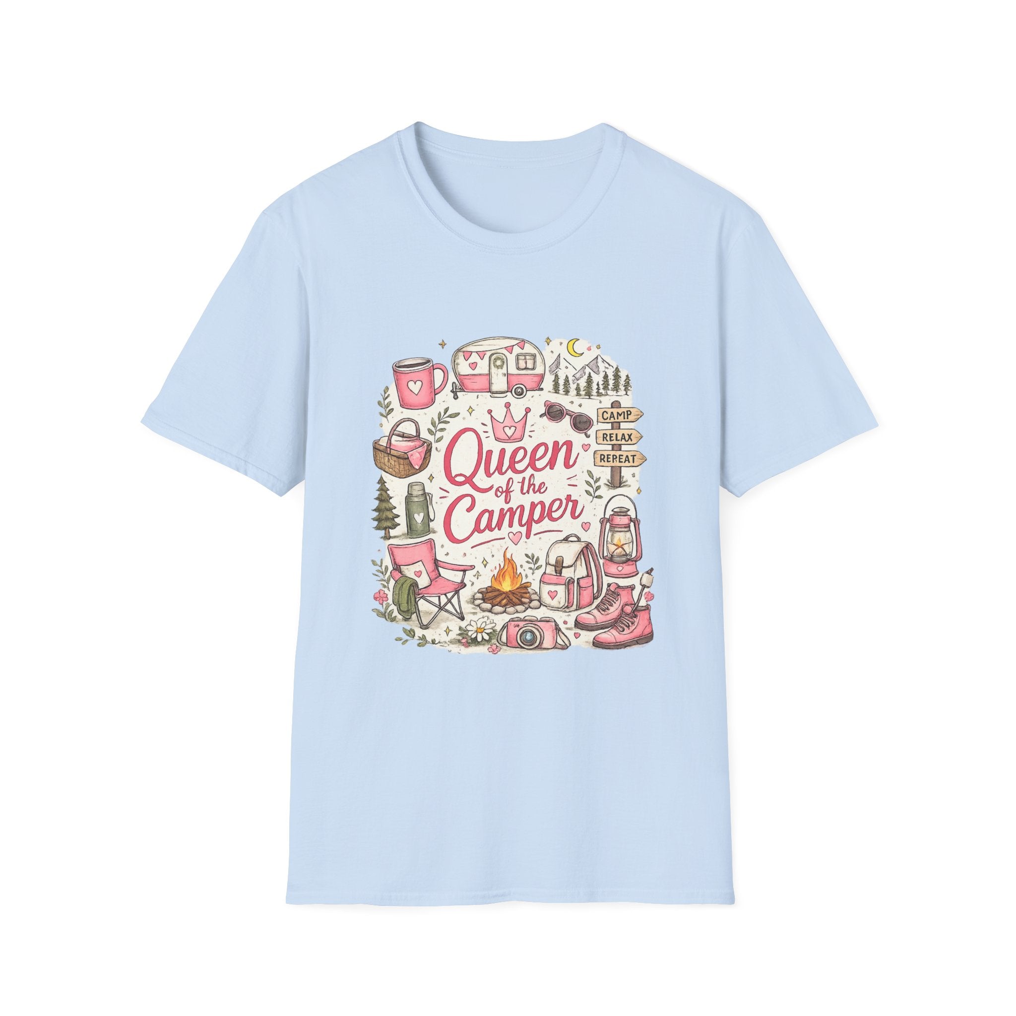 Queen of the Camper T-Shirt — Cute Pink Camping RV Graphic Tee for Women