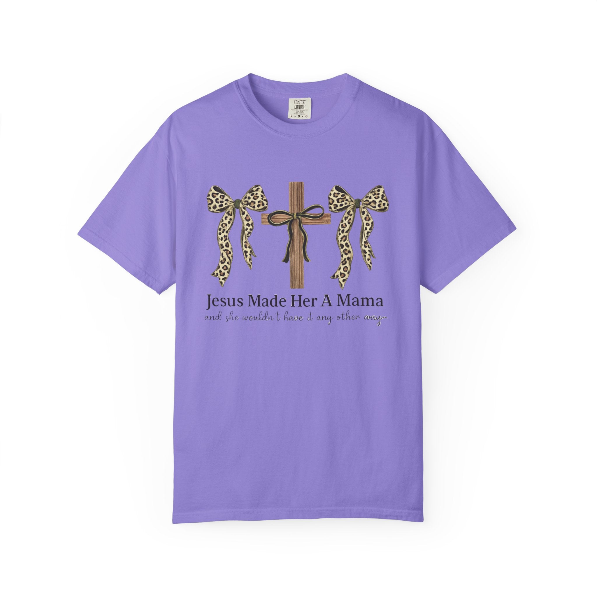 Jesus Made Her a Mama Cross T‑Shirt — Leopard Bow Christian Mother's Day Tee