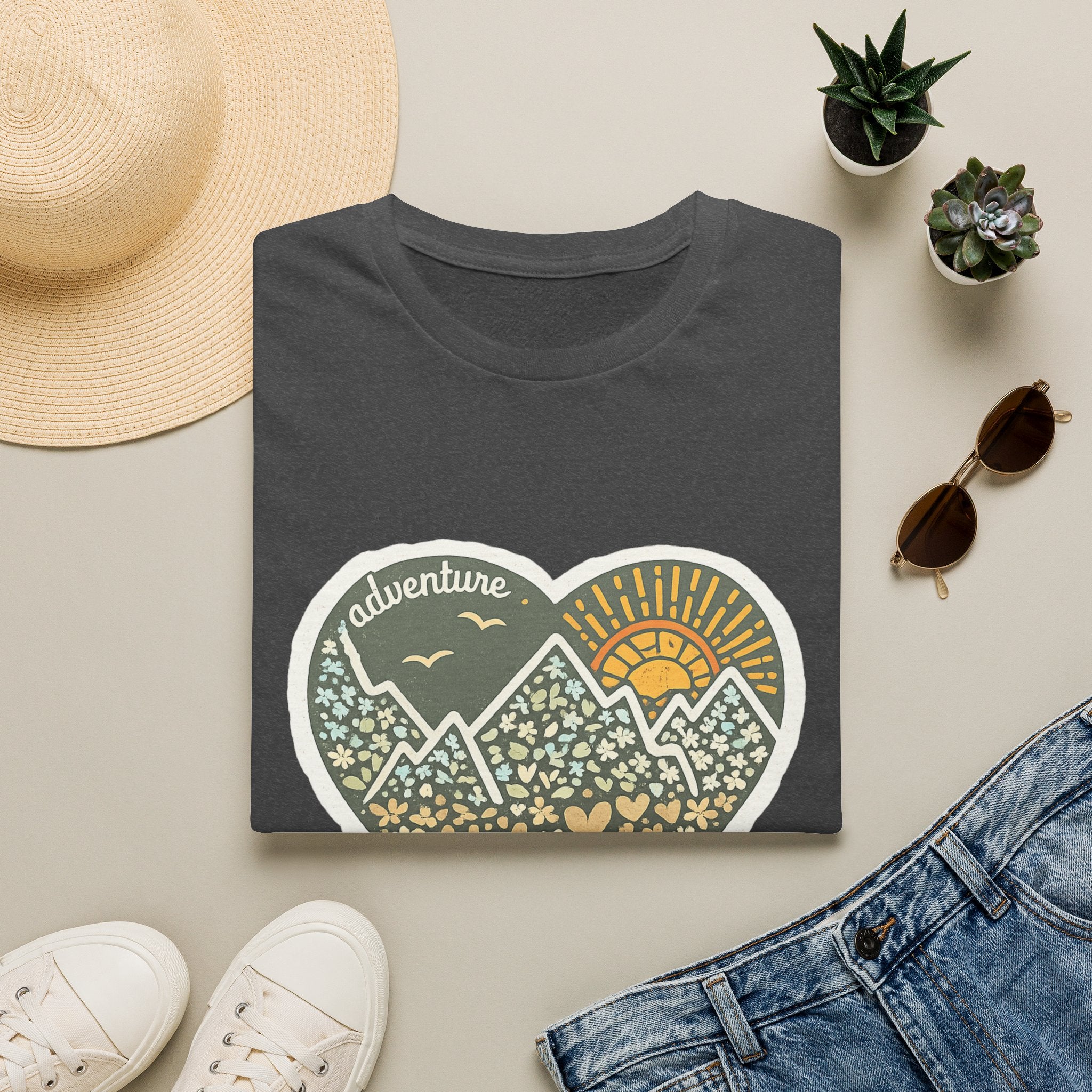 Adventure Heart Mountain T‑Shirt — Sunrise Nature Graphic Tee for Hikers & Outdoor Lovers