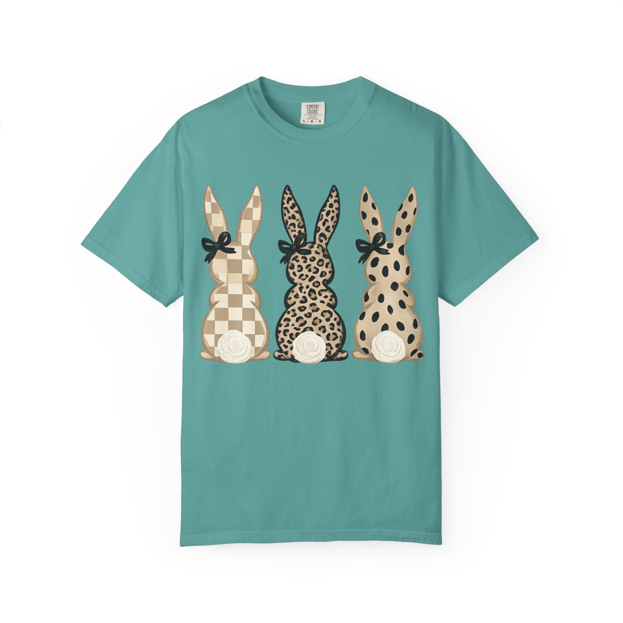 Easter Bunny Trio T-Shirt — Neutral Plaid, Leopard & Polka Dot Bunnies