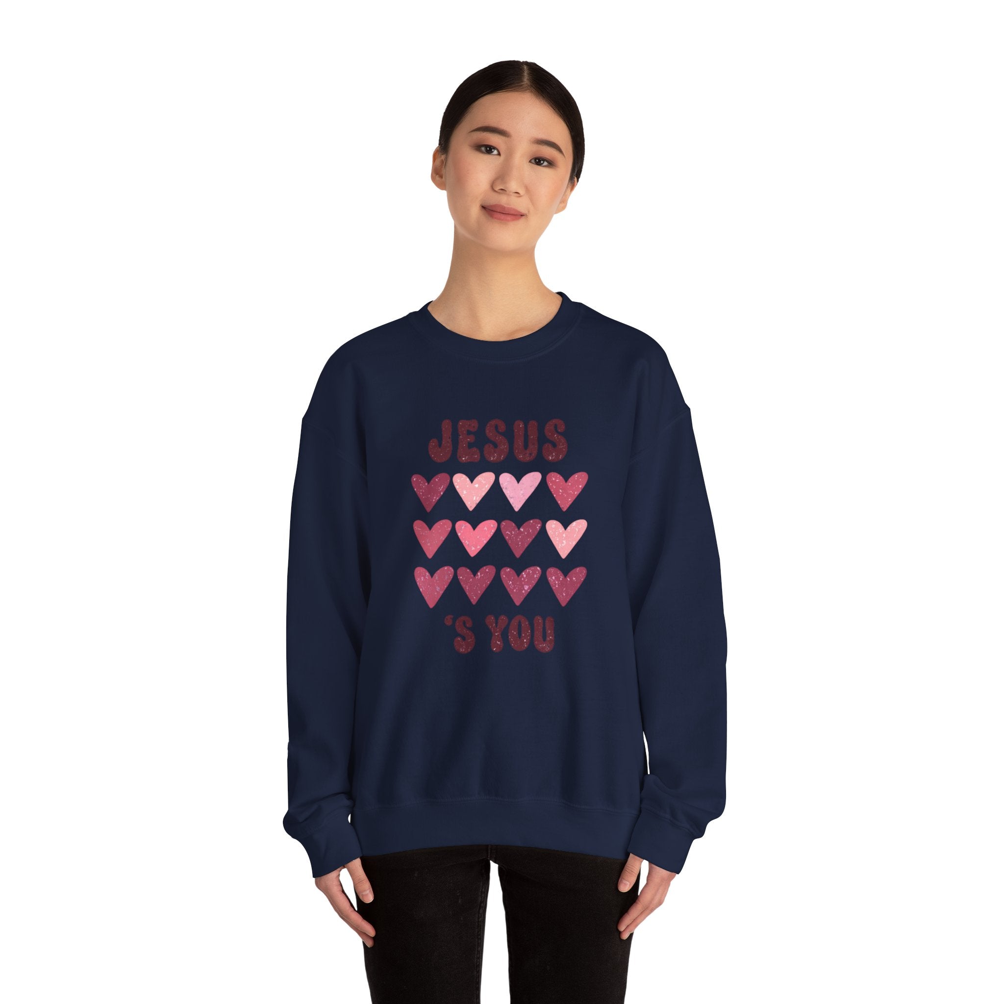 Crewneck Sweatshirt — "Jesus Loves You" Pink Heart Graphic