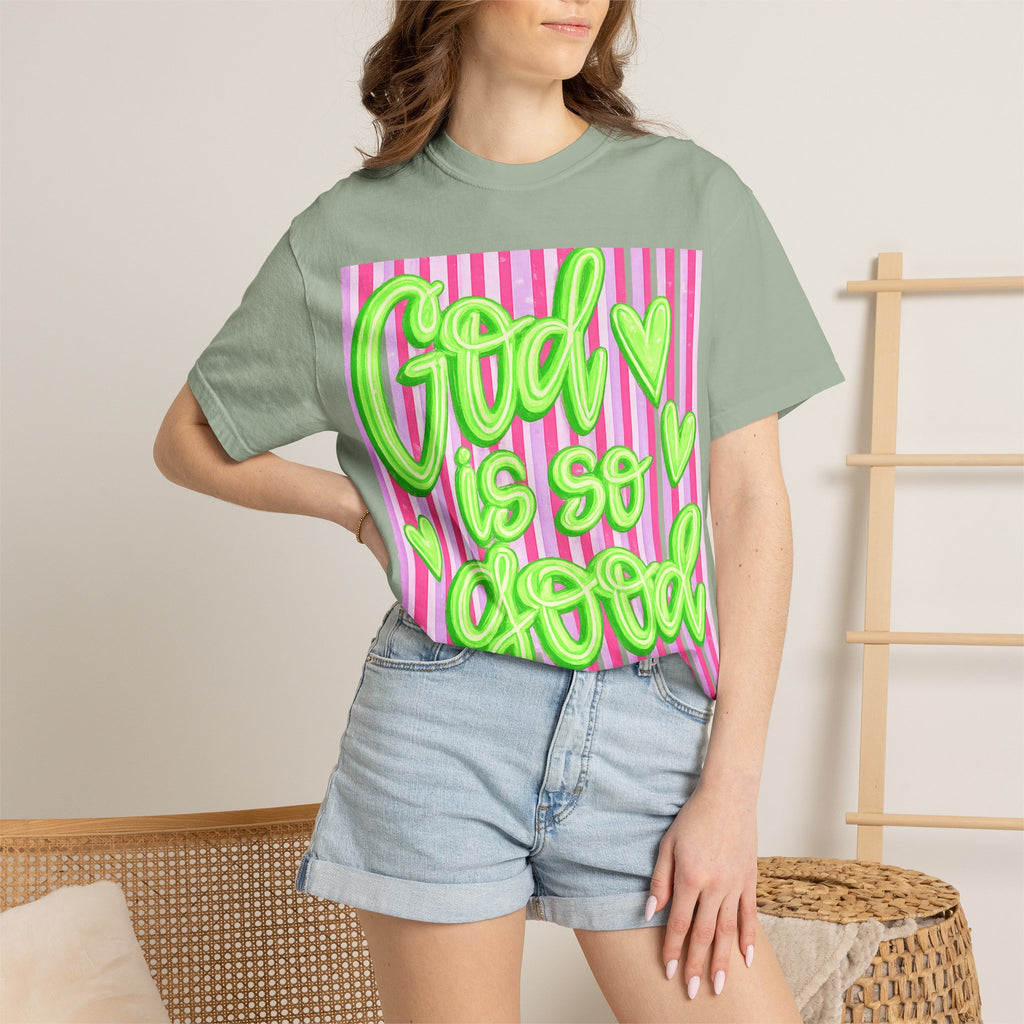 God Is So Good T-Shirt — Neon Green Script on Pink Stripe Christian Tee