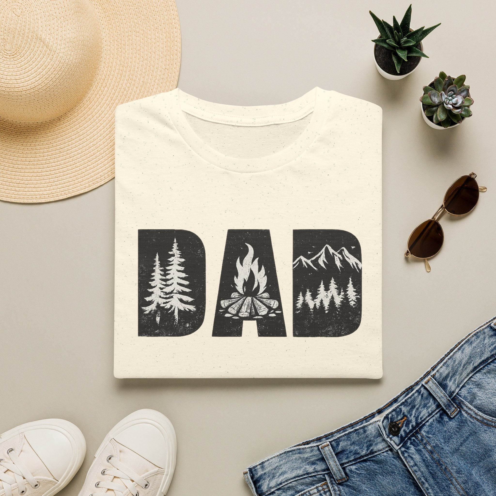 Dad Camping T-Shirt — Rustic Outdoors Father’s Day Shirt (DAD with Trees, Campfire & Mountains)