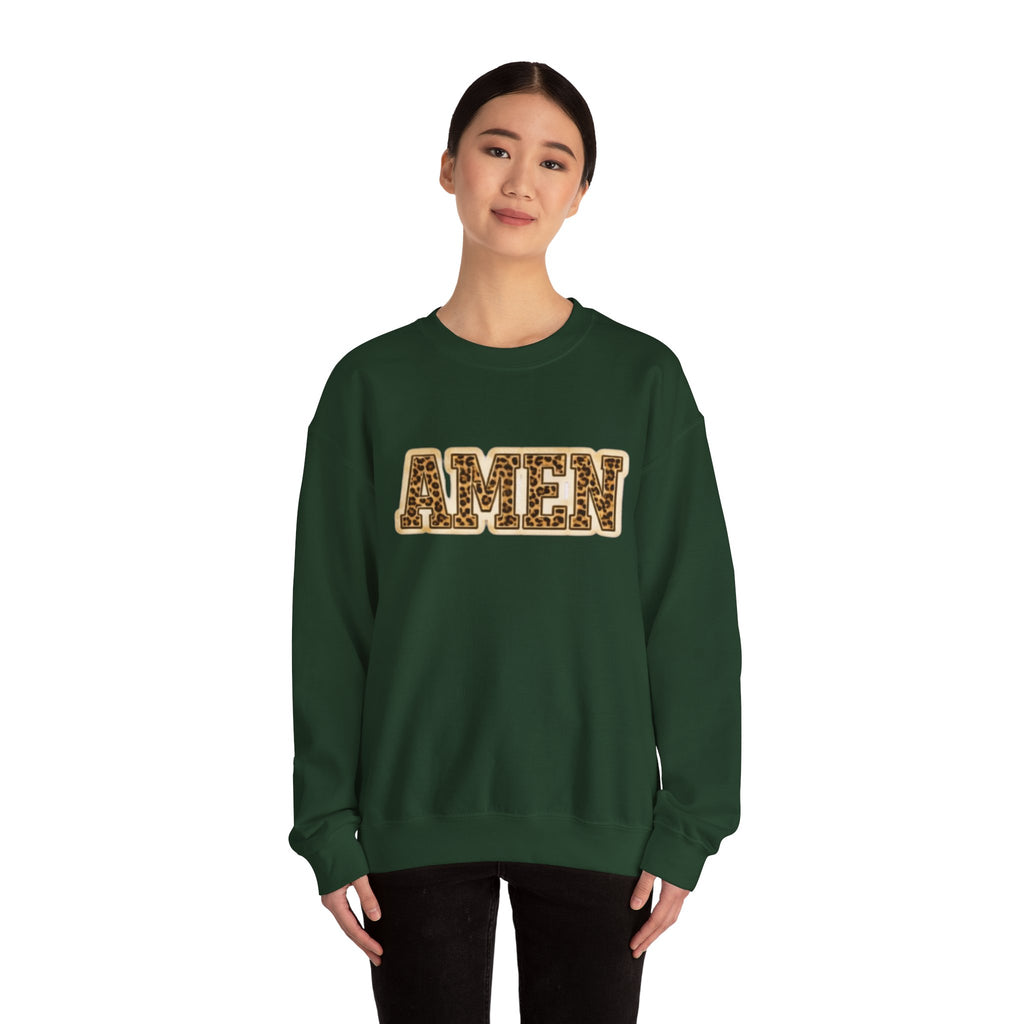 Crewneck Sweatshirt — 'AMEN' Leopard-Print Graphic