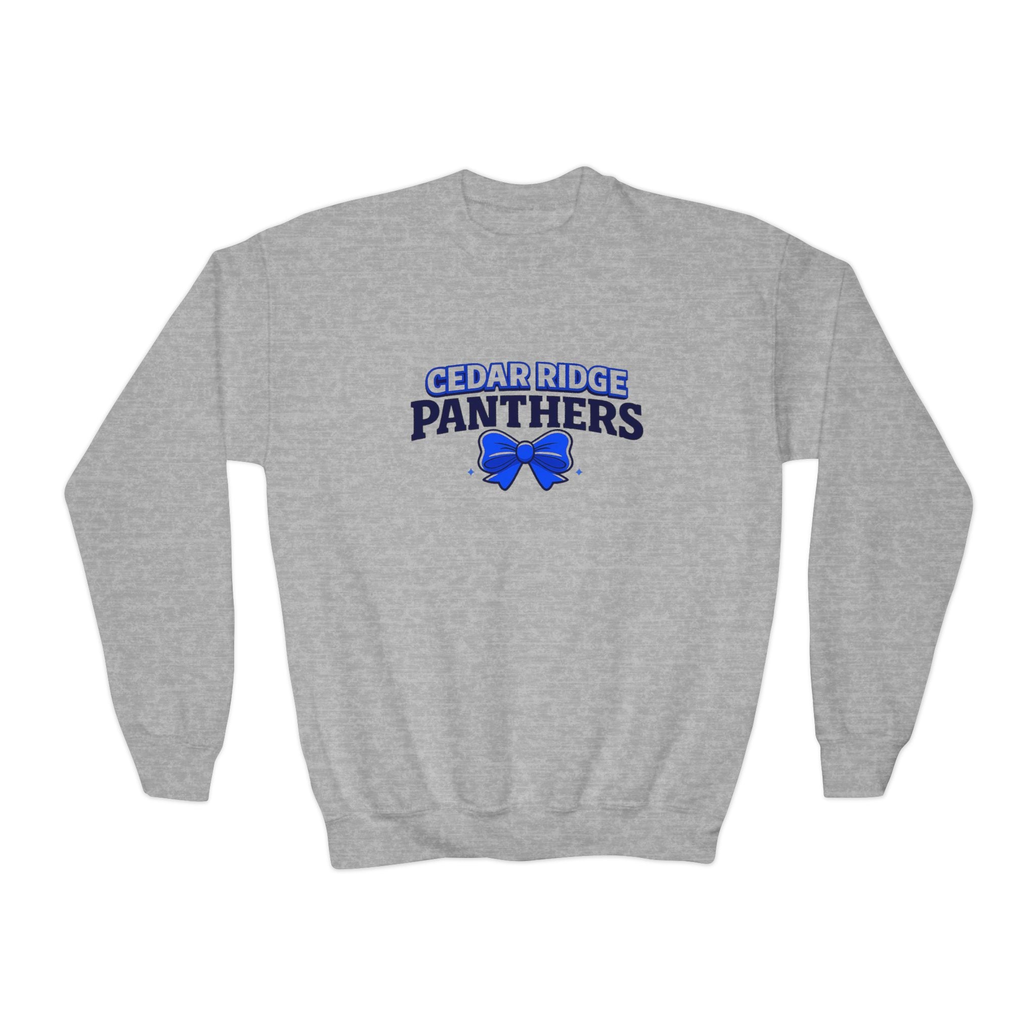 Cedar Ridge Panthers Youth Crewneck Sweatshirt — Blue Cheer Bow School Spirit