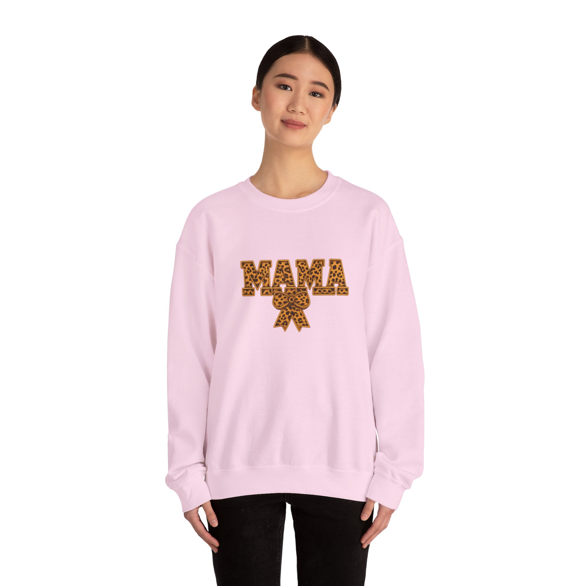 Mama Leopard Print Crewneck Sweatshirt — Floral Bow "MAMA" Graphic