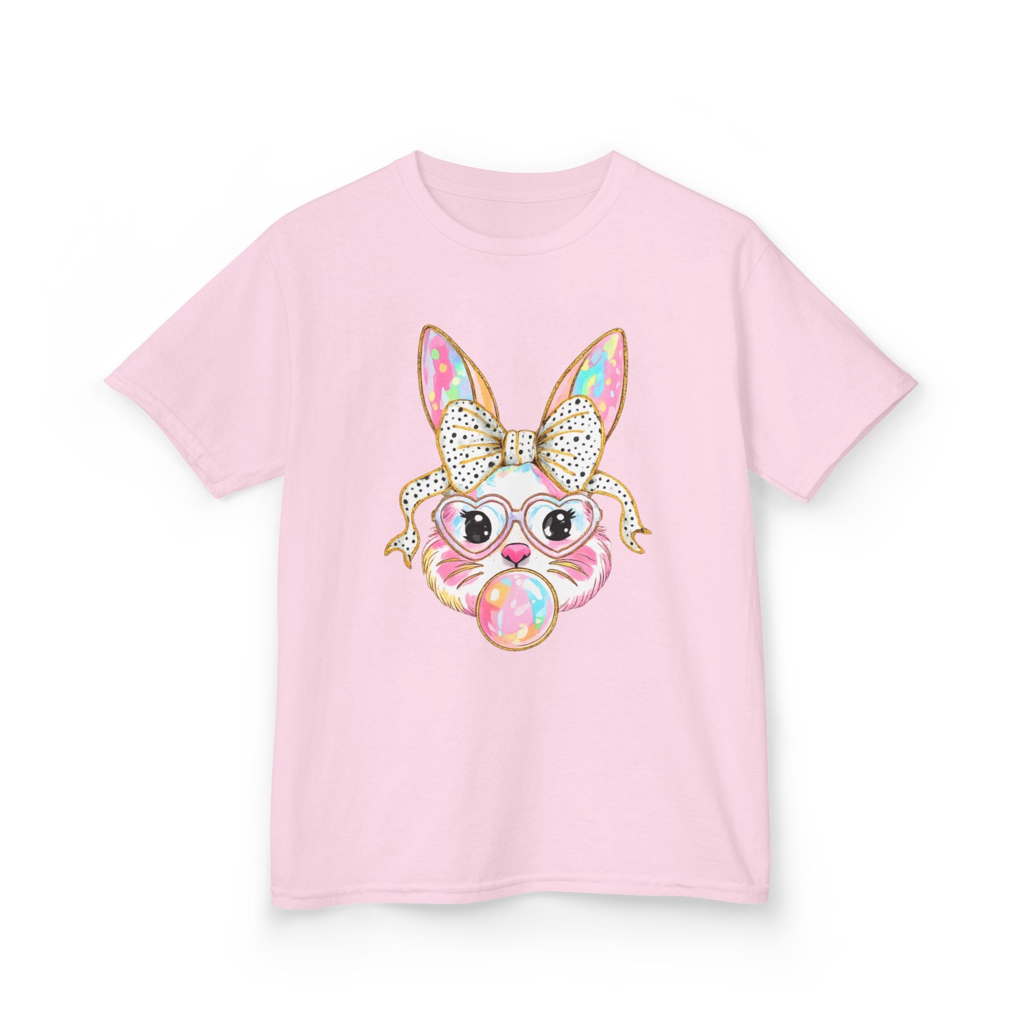 Kids Bunny Bubblegum Tee — Cute Bunny with Bow & Glasses Kids T-Shirt