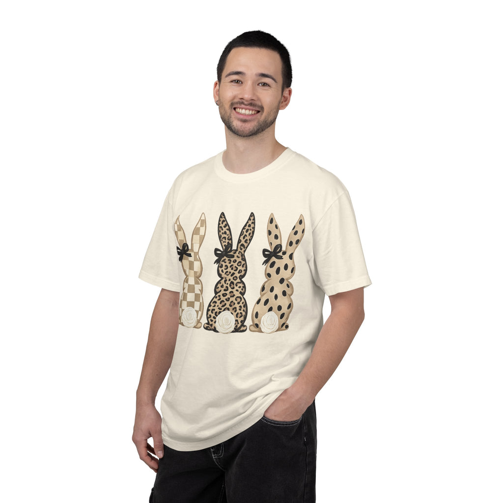 Easter Bunny Trio T-Shirt — Neutral Plaid, Leopard & Polka Dot Bunnies