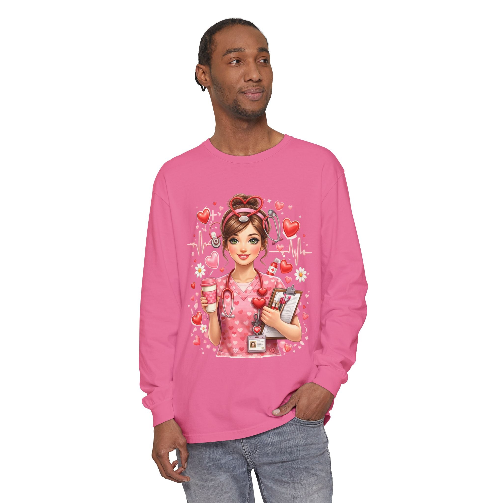 Nurse Love Long Sleeve T-Shirt — Cute Heartbeat Healthcare Graphic