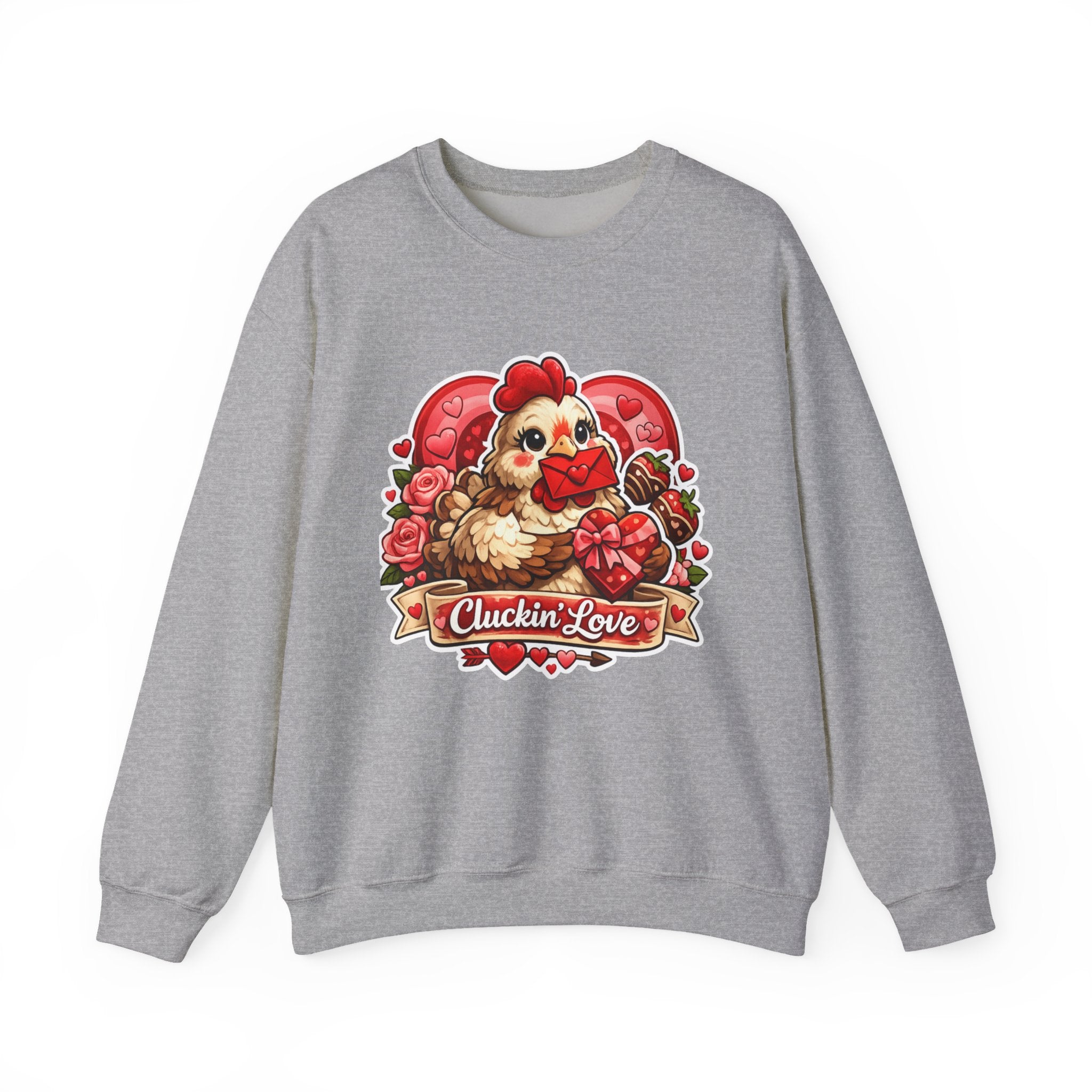 Crewneck Sweatshirt — "Cluckin' Love" Cute Chicken Valentine Design