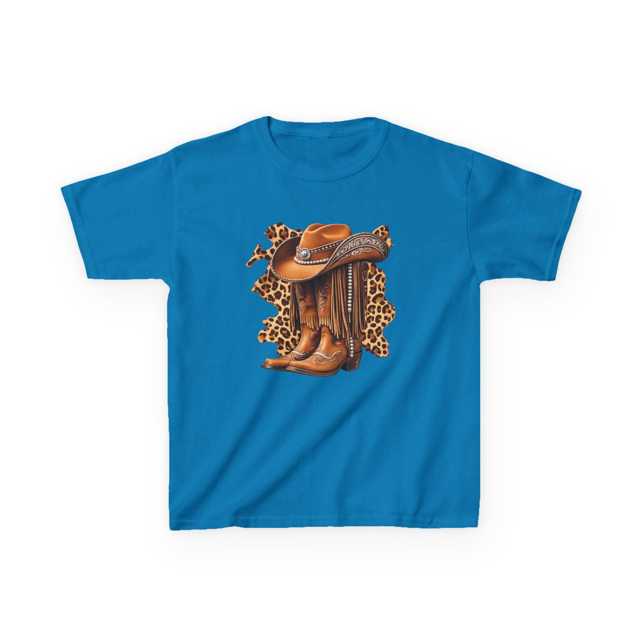 Kids Cowboy Hat & Boots Tee — Leopard Print Western Kids T-Shirt