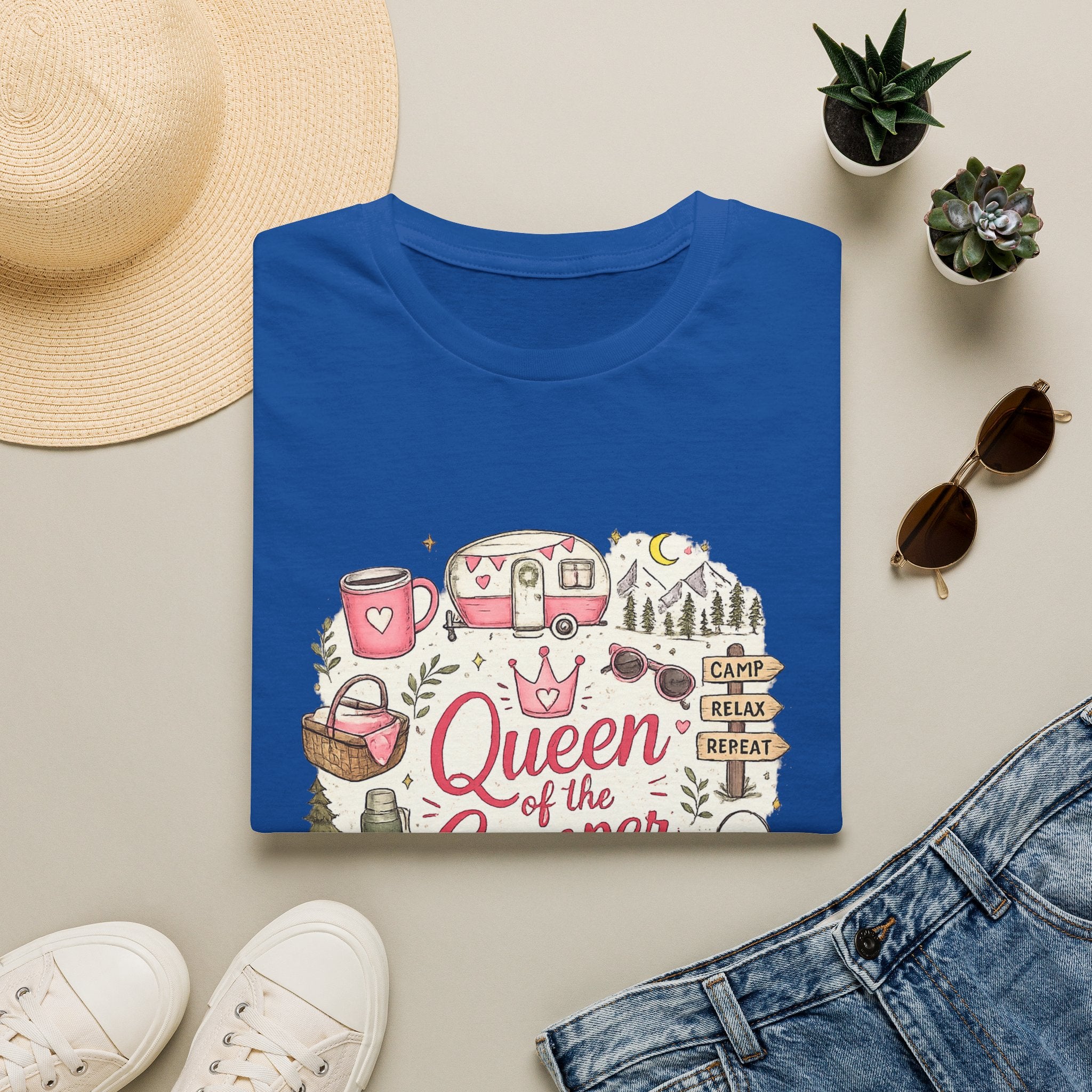 Queen of the Camper T-Shirt — Cute Pink Camping RV Graphic Tee for Women