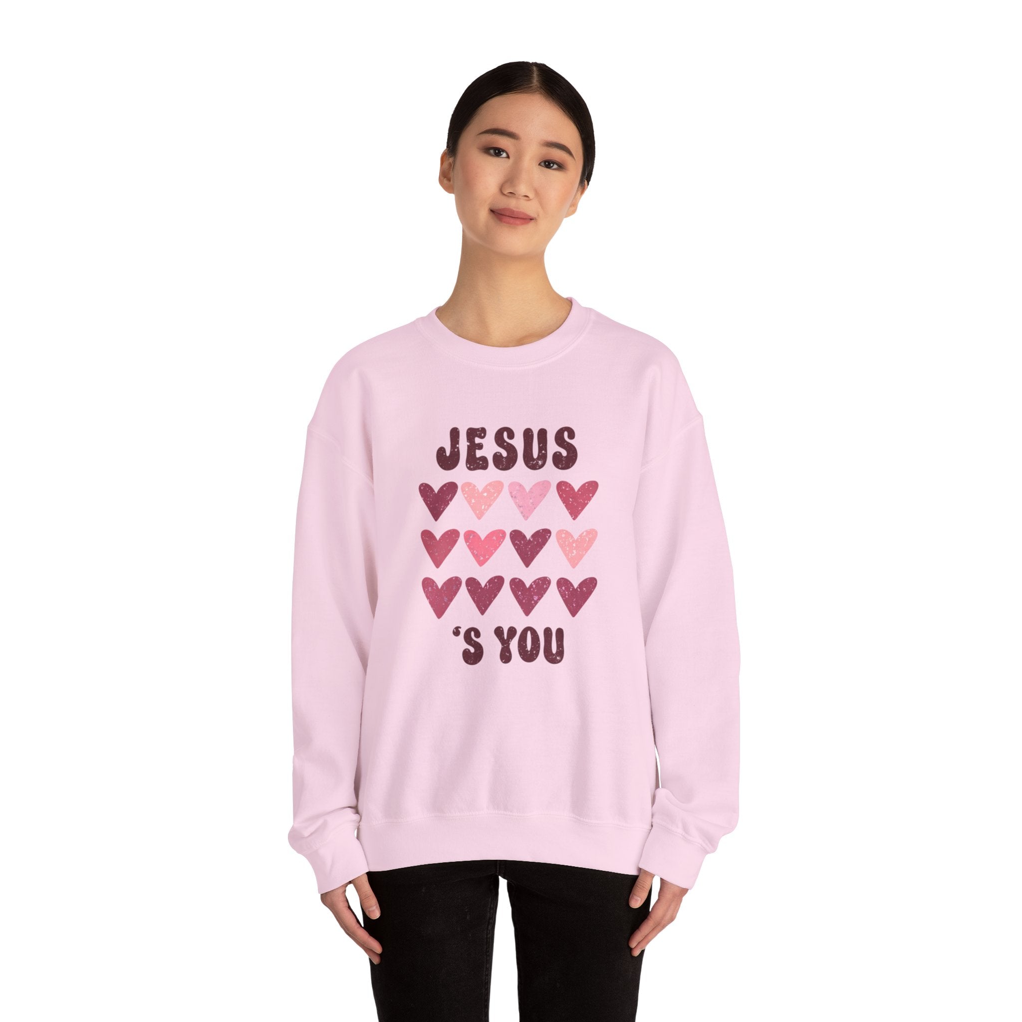Crewneck Sweatshirt — "Jesus Loves You" Pink Heart Graphic