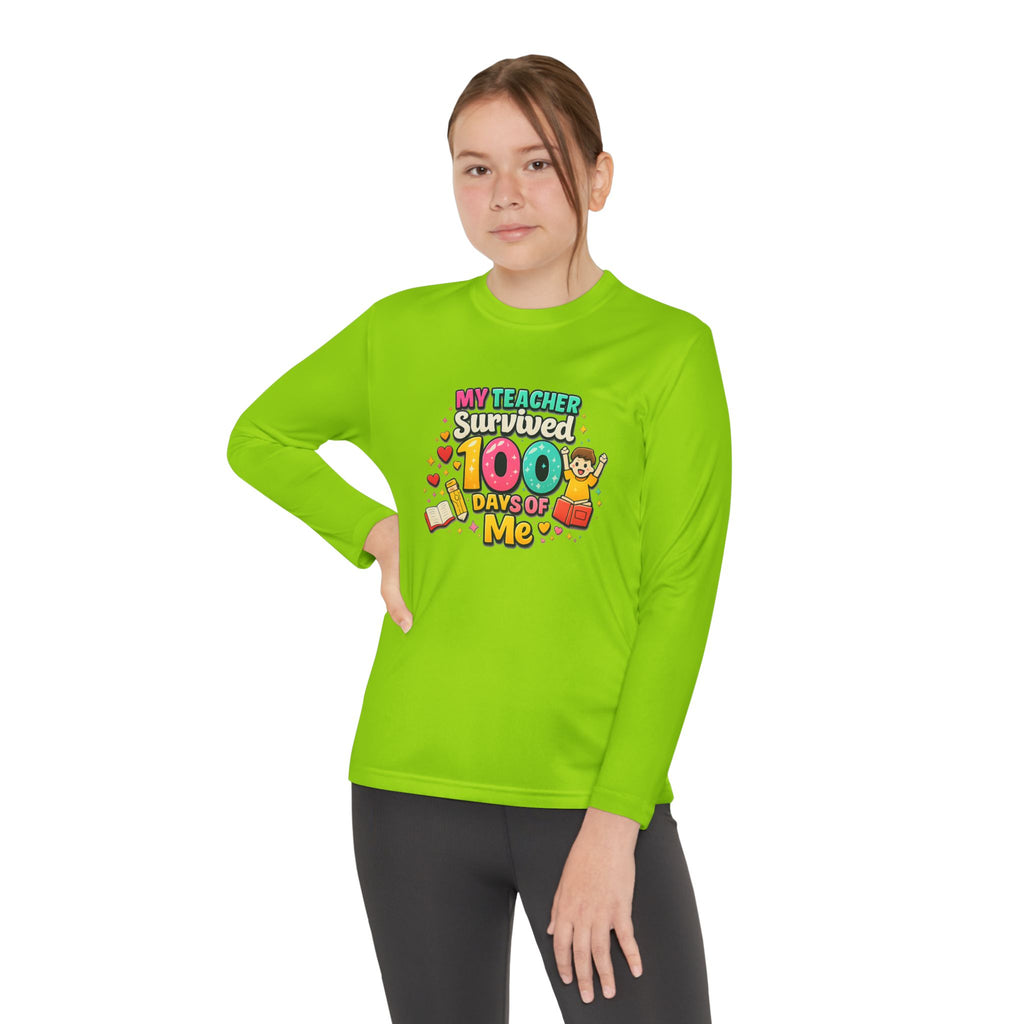 Kids Long Sleeve Tee — “My Teacher Survived 100 Days of Me” Colorful Celebration Shirt