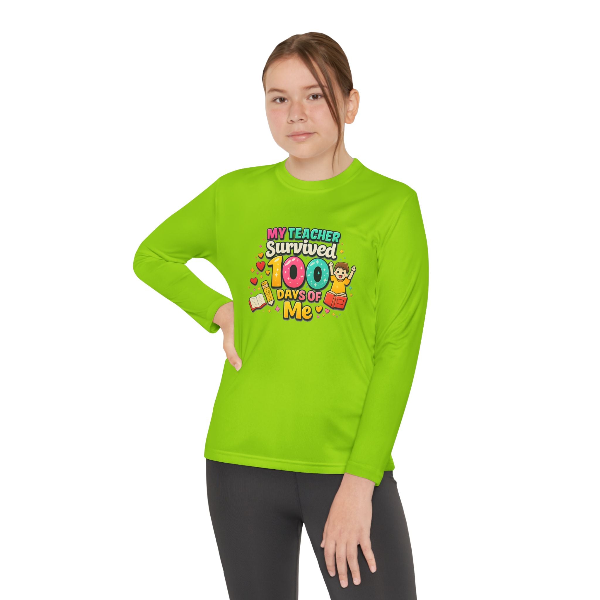 Kids Long Sleeve Tee — “My Teacher Survived 100 Days of Me” Colorful Celebration Shirt