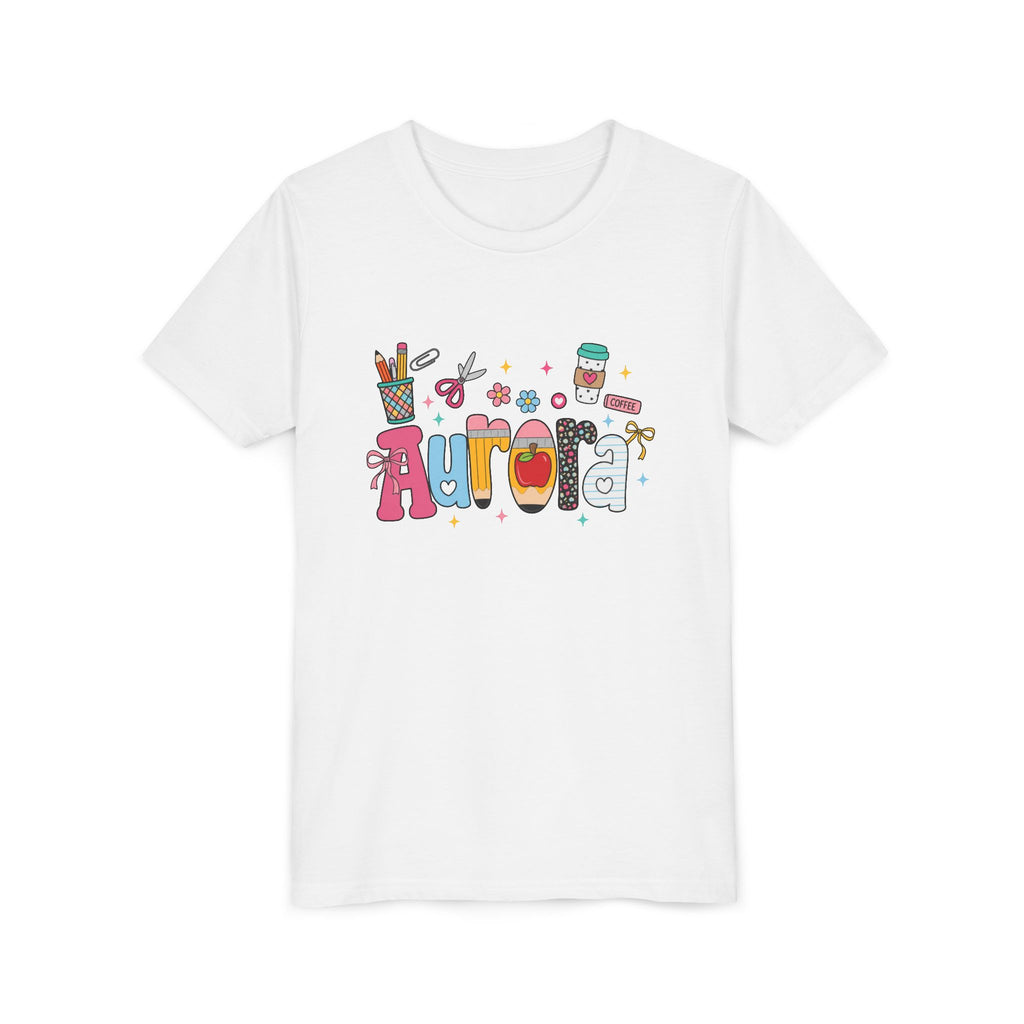 Aurora Kids' Name Tee — Colorful School Supplies Graphic Youth T-Shirt