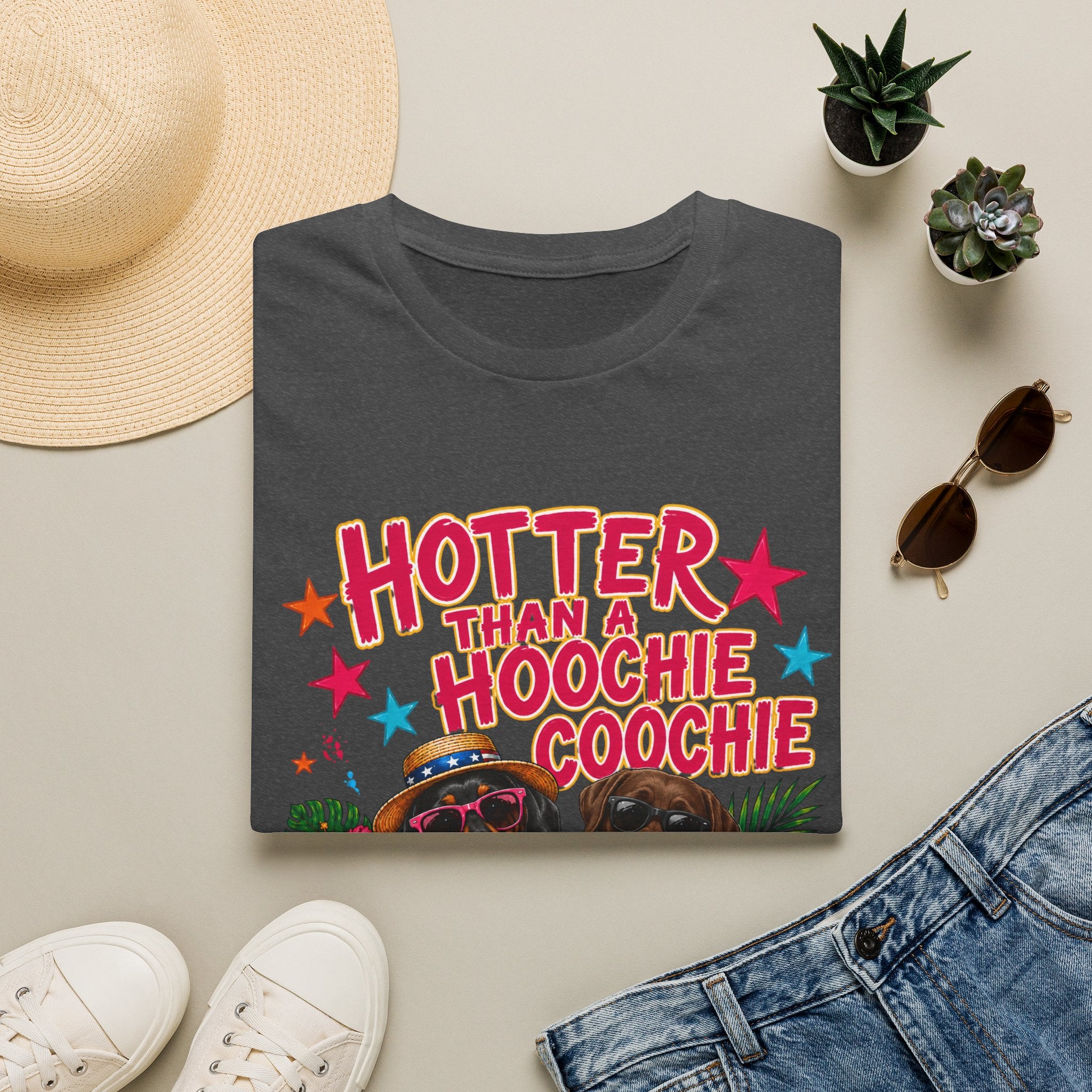 Hotter Than a Hoochie Coochie T-Shirt — Funny Summer Graphic Tee with Dogs