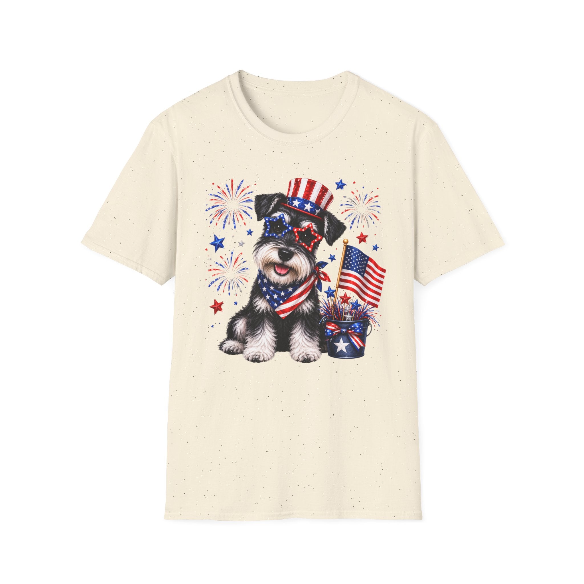 Patriotic Pup T‑Shirt — American Flag Dog with Fireworks (Fourth of July)