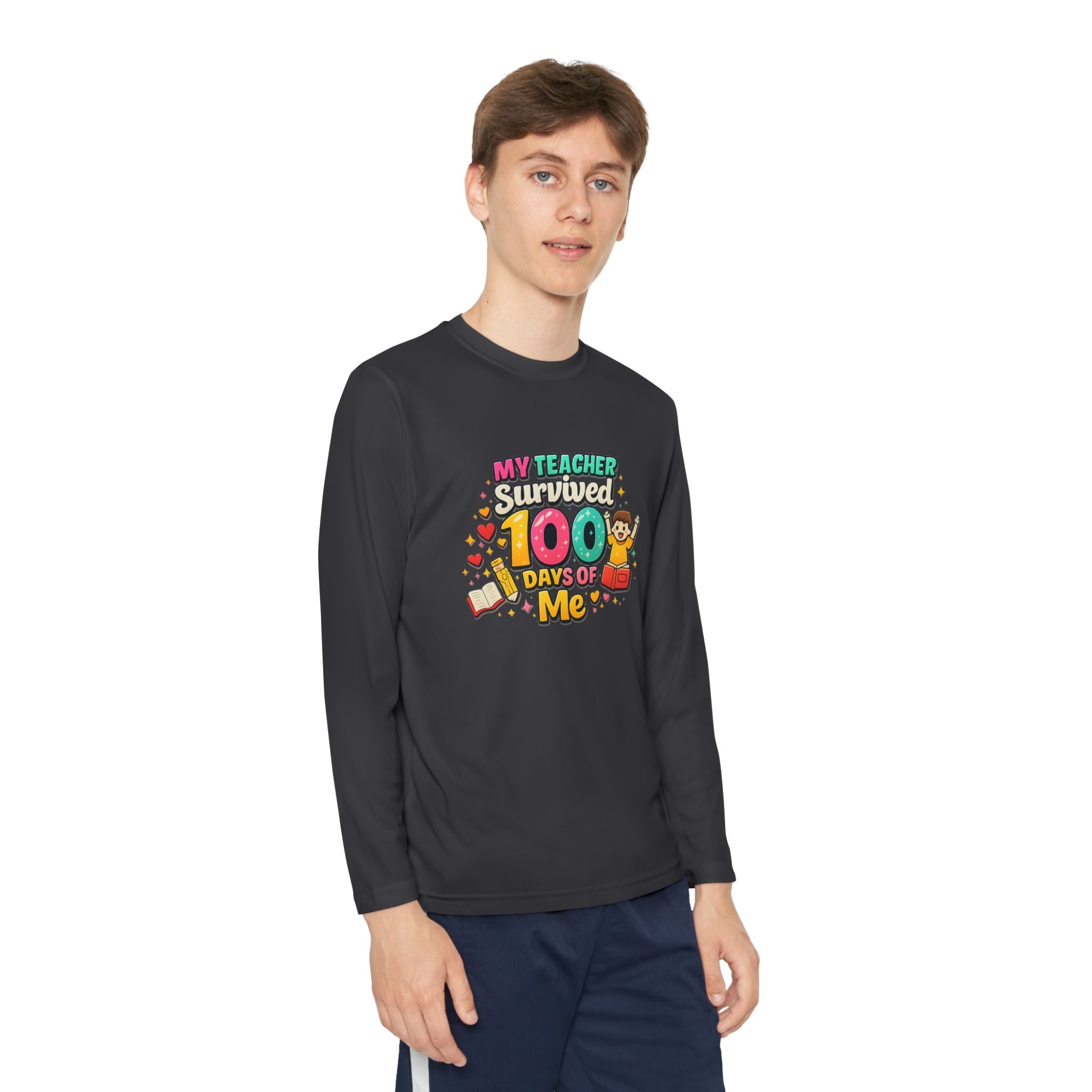 Kids Long Sleeve Tee — “My Teacher Survived 100 Days of Me” Colorful Celebration Shirt