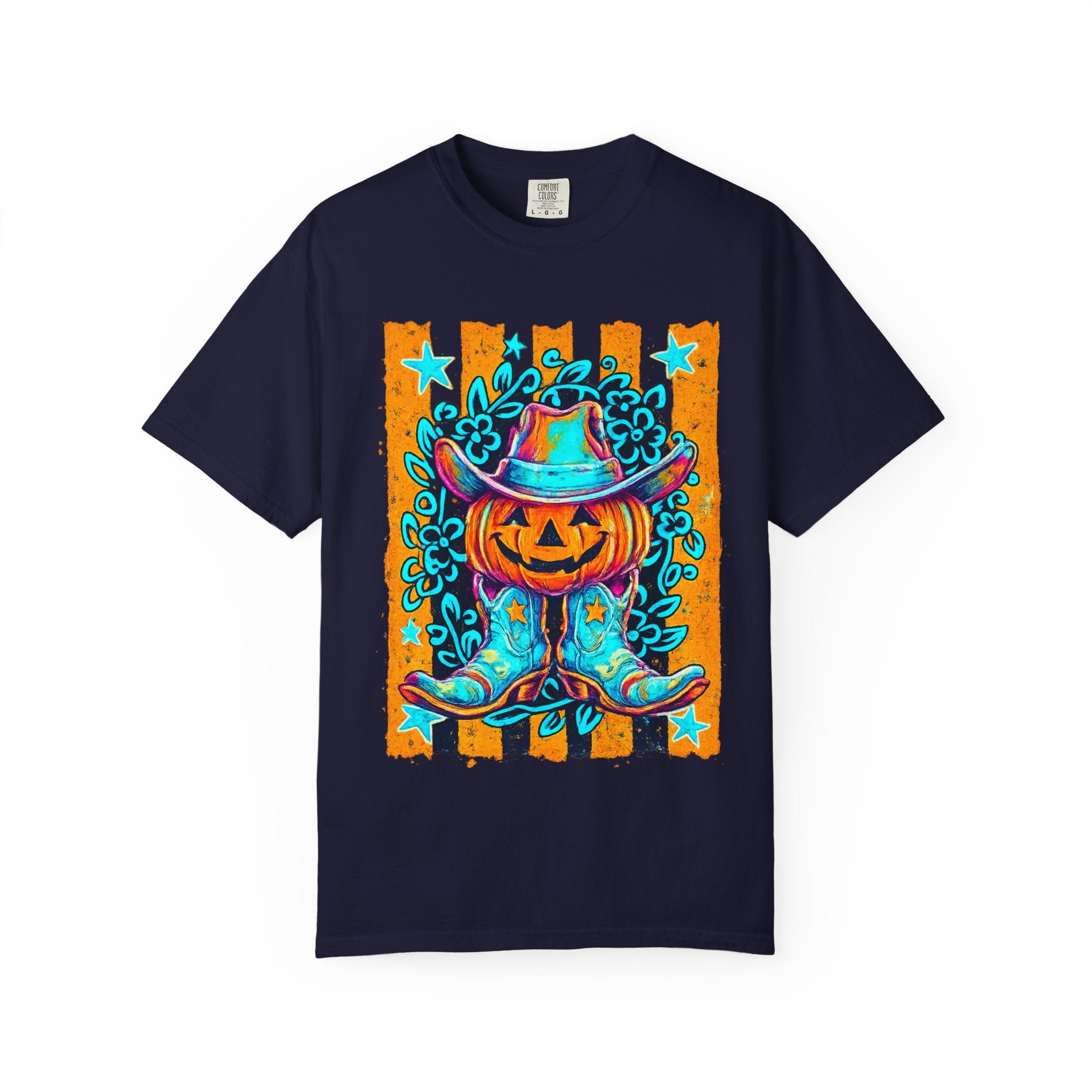 Halloween Pumpkin Cowboy T-Shirt — Neon Country Jack-O'-Lantern Graphic Tee