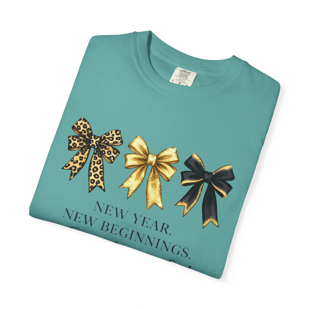 T-Shirt — "New Year, New Beginnings" Gold & Black Bow Graphic Tee