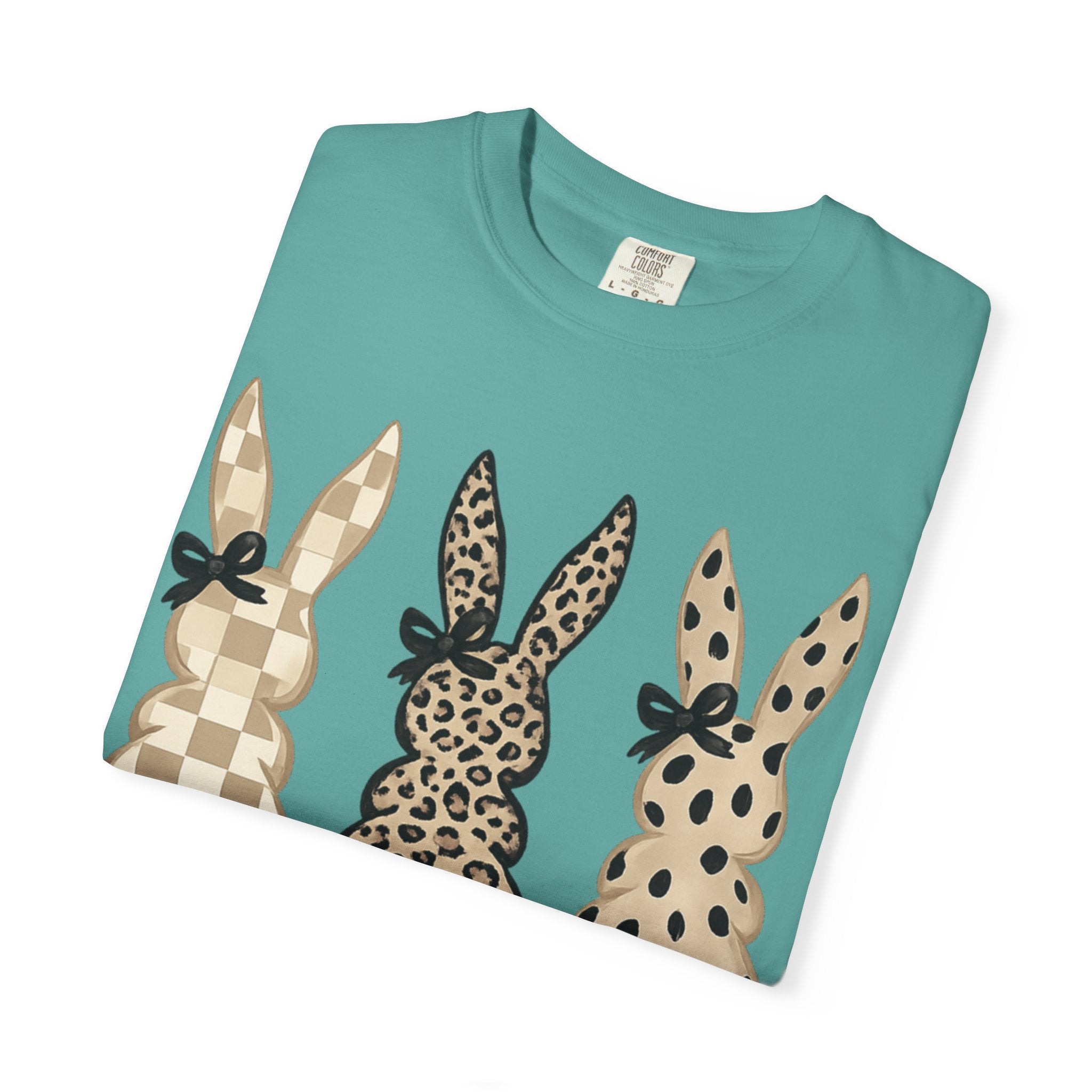 Easter Bunny Trio T-Shirt — Neutral Plaid, Leopard & Polka Dot Bunnies