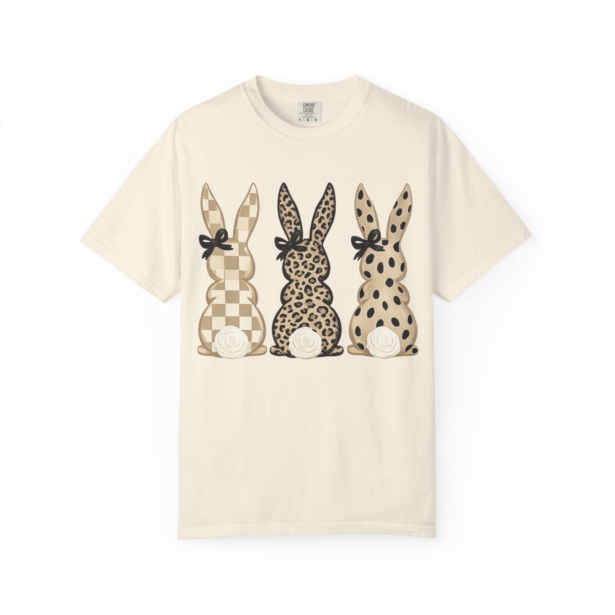 Easter Bunny Trio T-Shirt — Neutral Plaid, Leopard & Polka Dot Bunnies