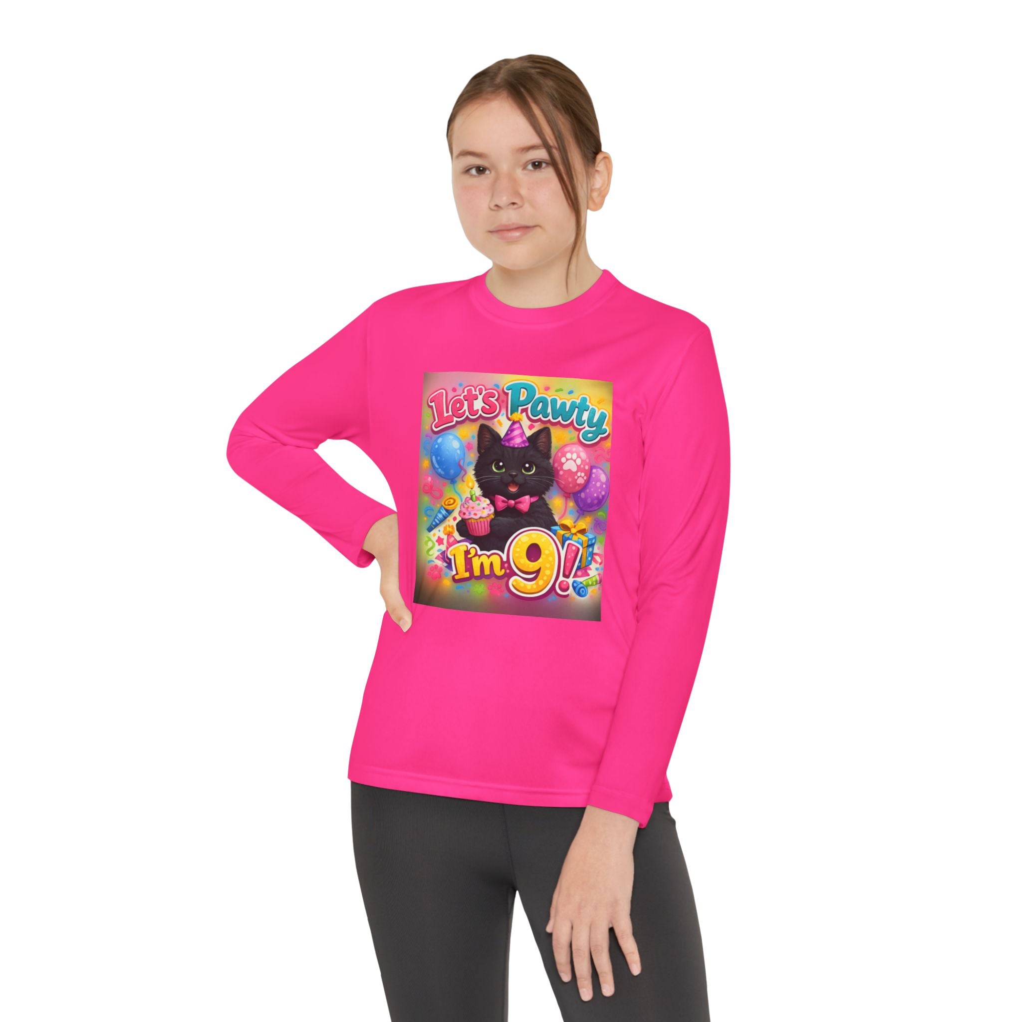 Kids' 9th Birthday Long Sleeve Tee — "Let's Pawty I'm 9!" Cat Birthday Shirt