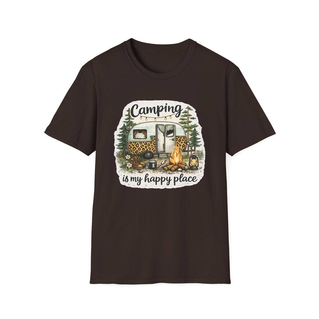 Camping Is My Happy Place T‑Shirt — Leopard Camper Graphic Tee