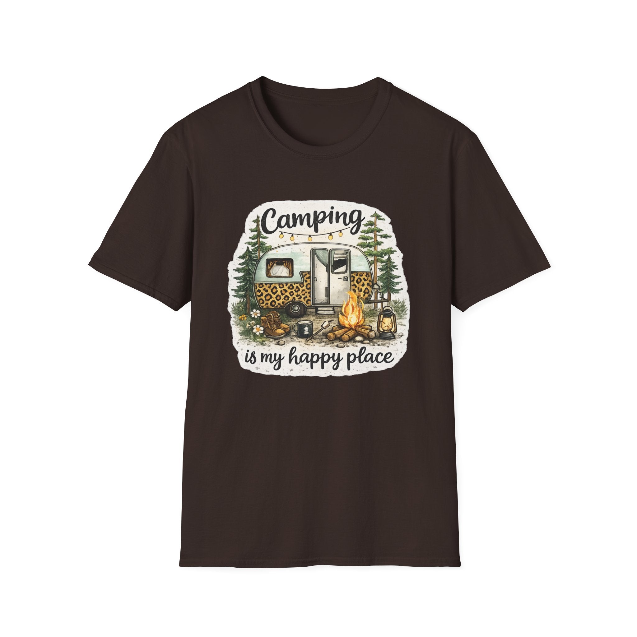 Camping Is My Happy Place T‑Shirt — Leopard Camper Graphic Tee