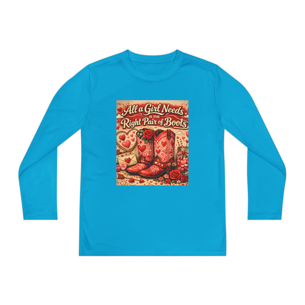 Youth Long Sleeve Tee — "All a Girl Needs is the Right Pair of Boots" Western Graphic