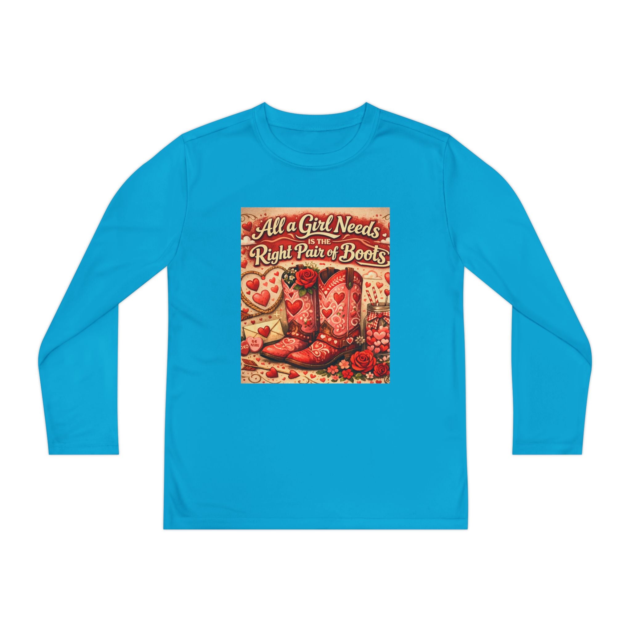 Youth Long Sleeve Tee — "All a Girl Needs is the Right Pair of Boots" Western Graphic
