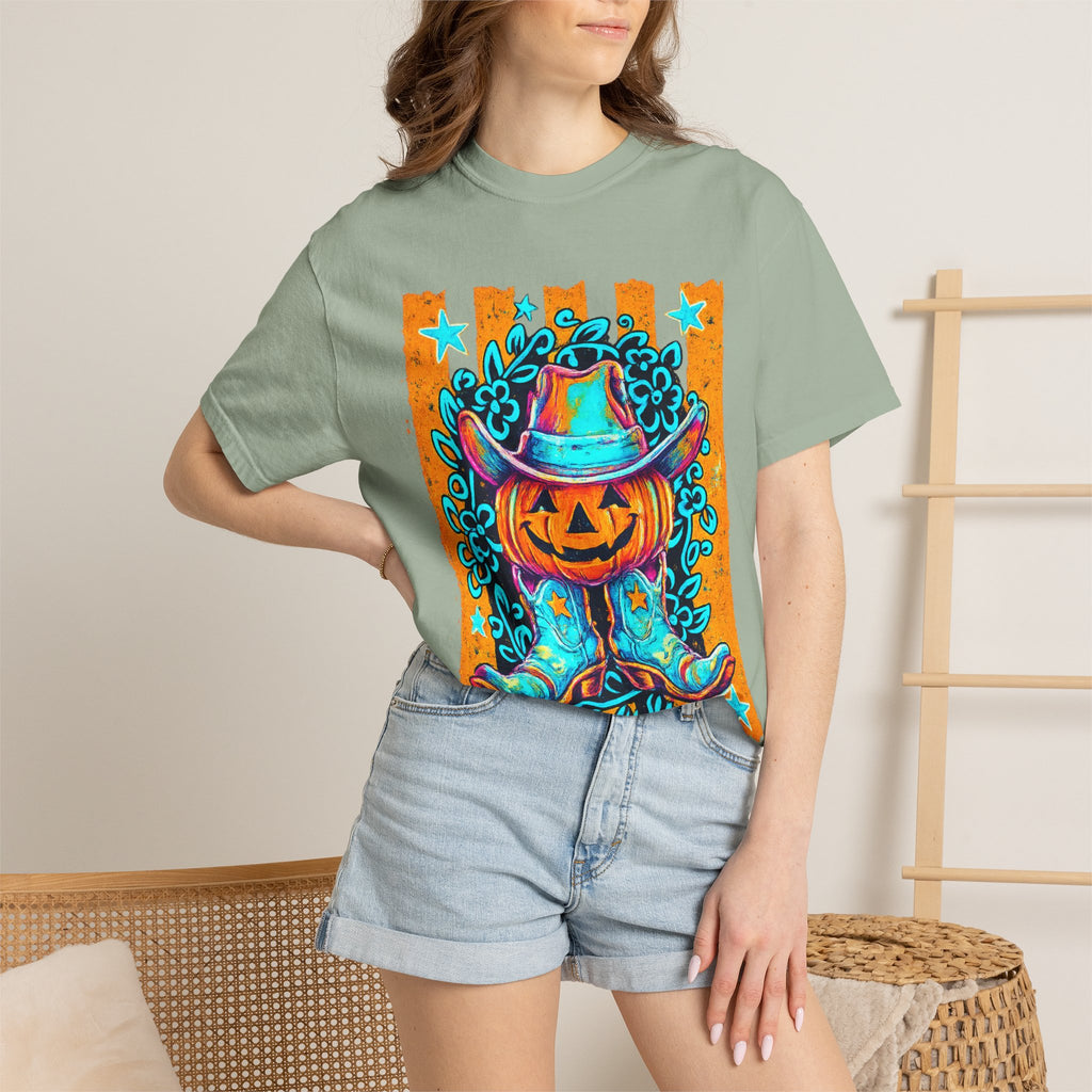 Halloween Pumpkin Cowboy T-Shirt — Neon Country Jack-O'-Lantern Graphic Tee
