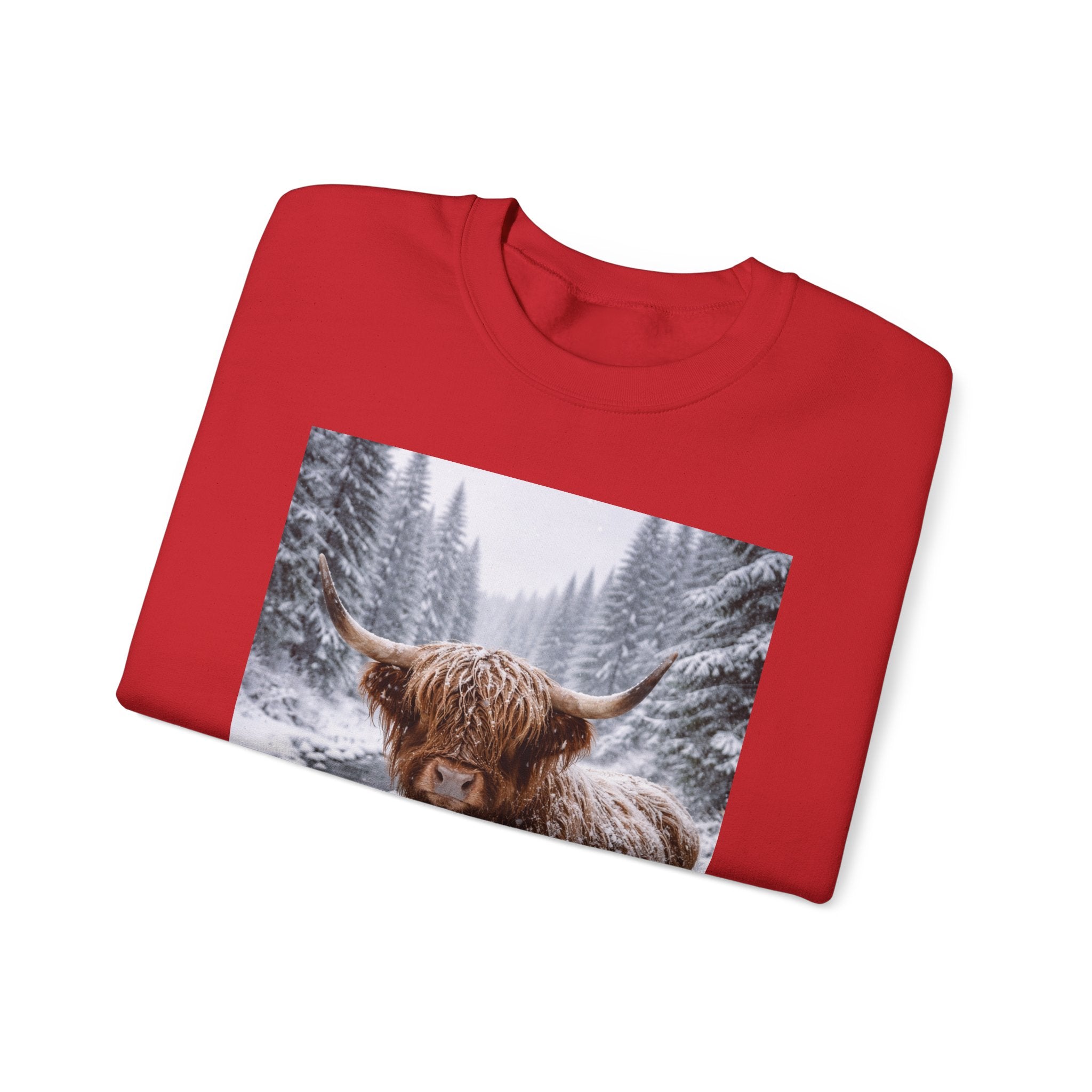 Highland Cow in Snow Crewneck Sweatshirt - Cozy Winter Forest Highlander Graphic