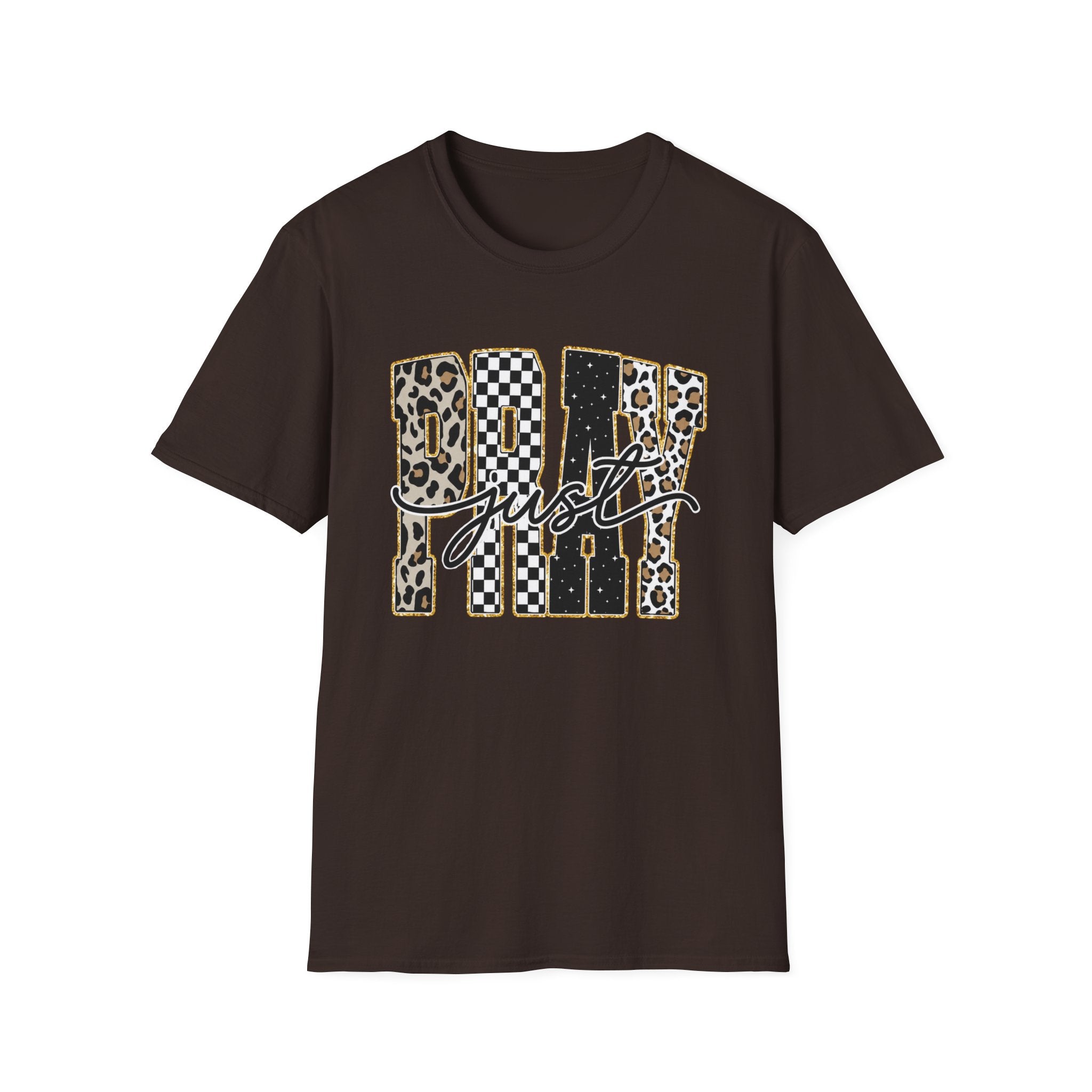 T-Shirt — "Just Day" Leopard & Checker Graphic Tee