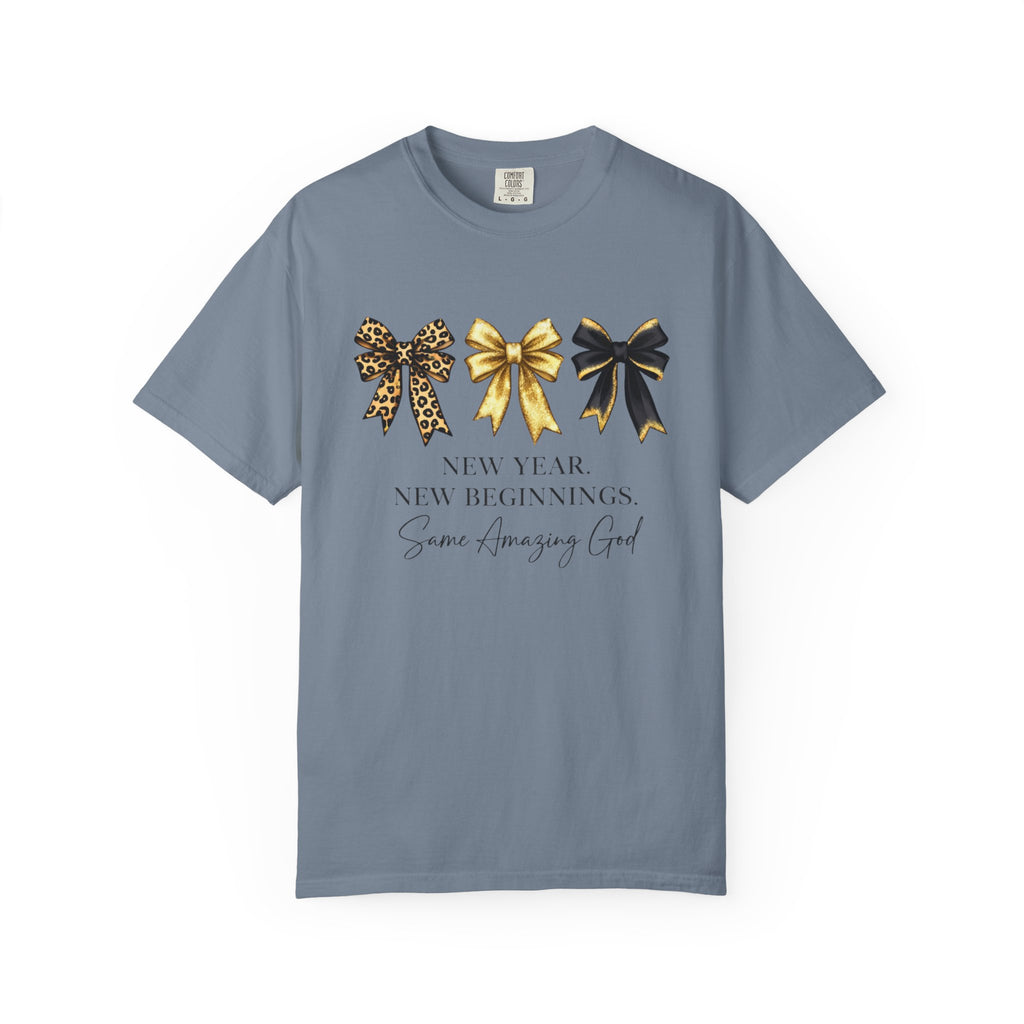 T-Shirt — "New Year, New Beginnings" Gold & Black Bow Graphic Tee