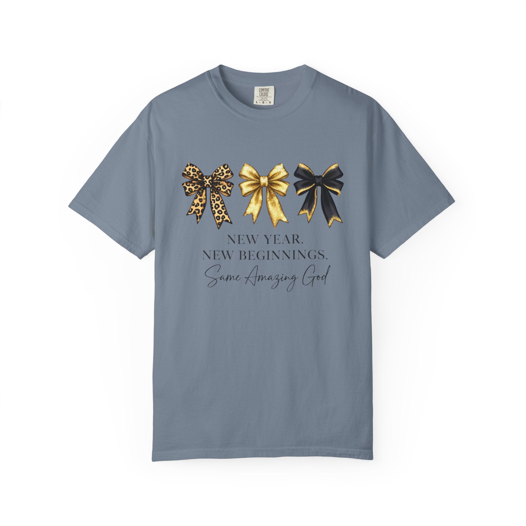 T-Shirt — "New Year, New Beginnings" Gold & Black Bow Graphic Tee