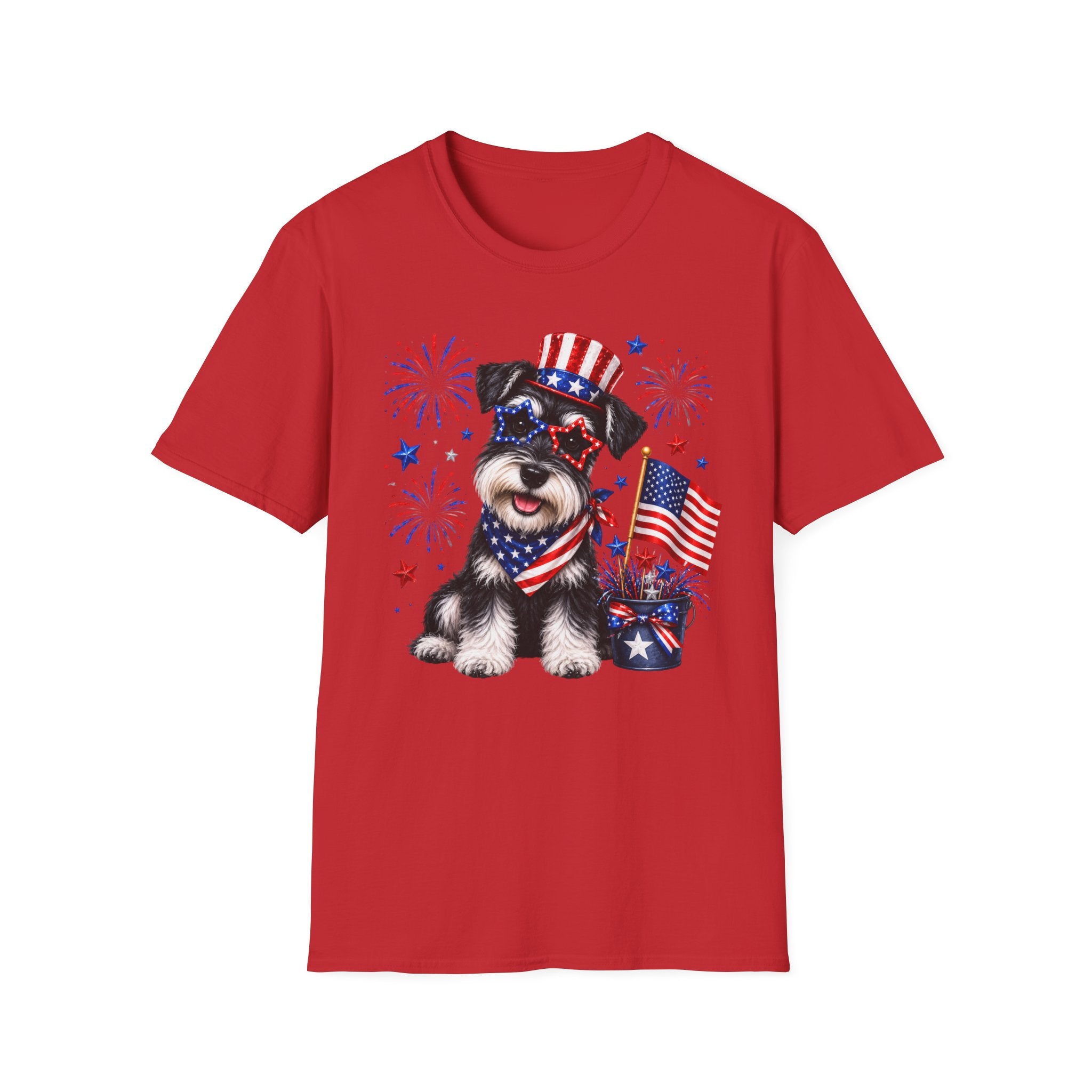 Patriotic Pup T‑Shirt — American Flag Dog with Fireworks (Fourth of July)