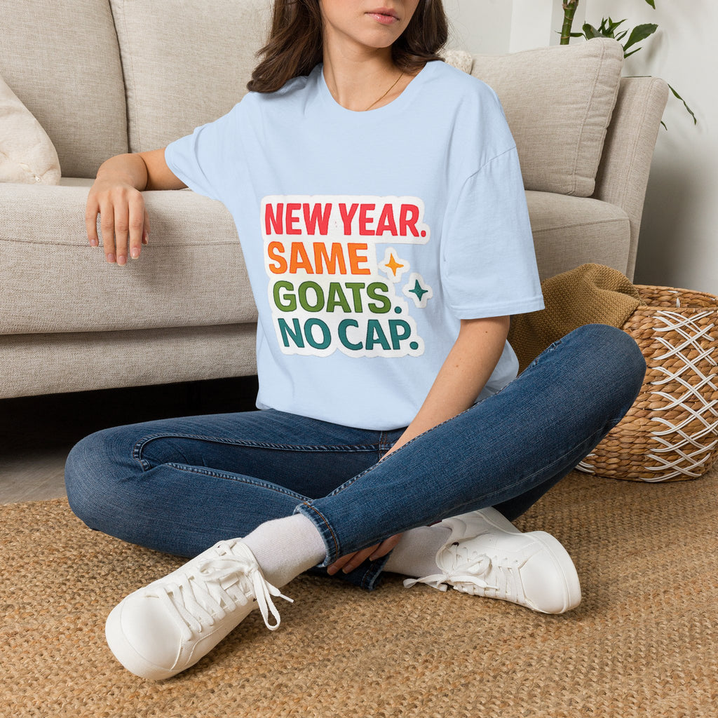 T‑Shirt — "New Year. Same Goats. No Cap." Colorful Graphic Tee for Goat Lovers & Funny New Year Celebrations