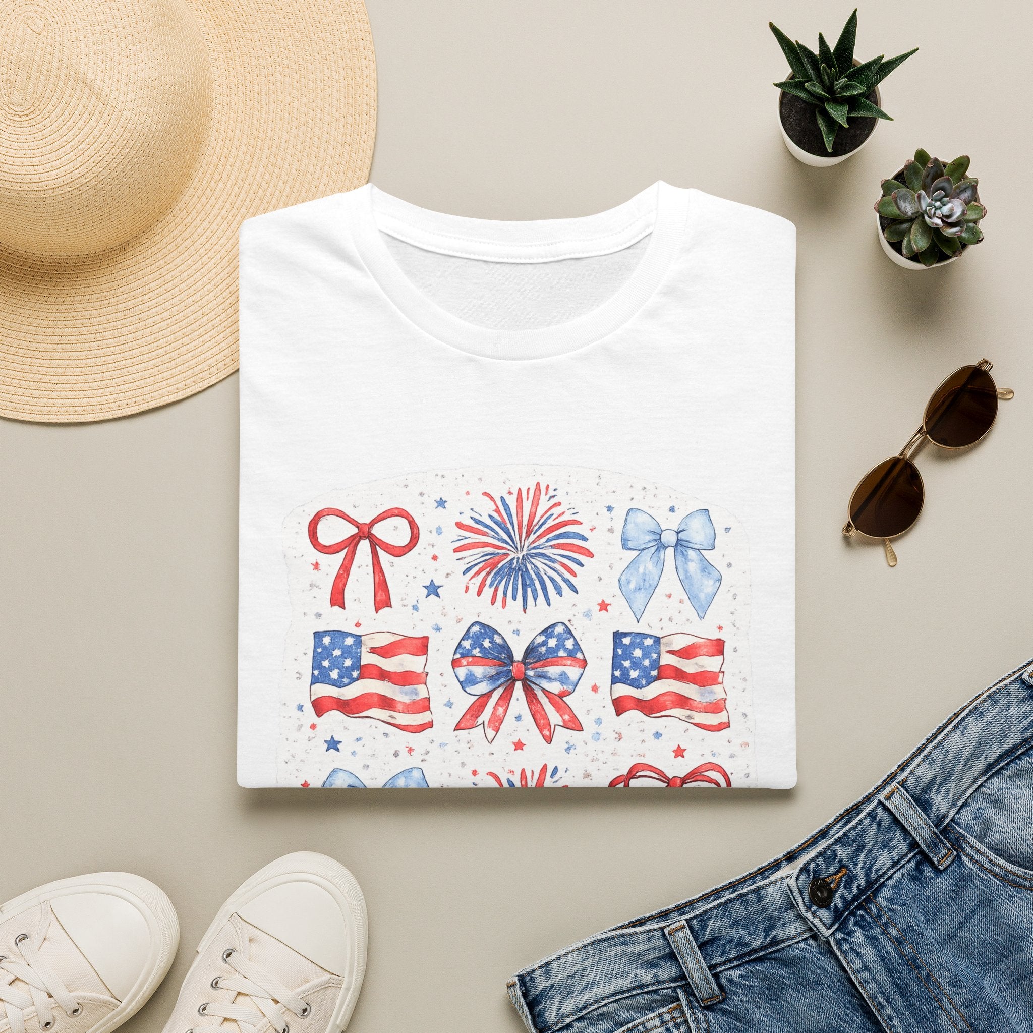 Patriotic 4th of July T-Shirt — USA Flag Bows & Fireworks Design